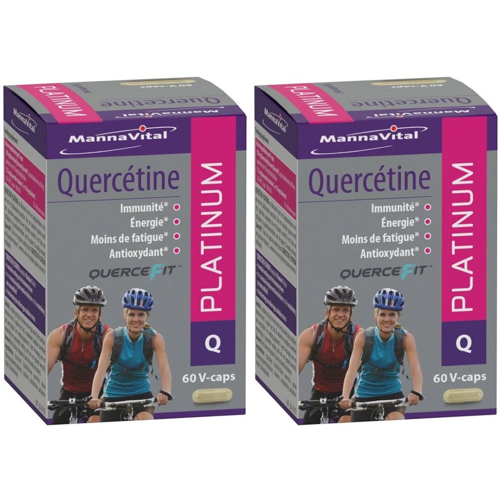 Twee dozen Mannavital Quercetine Platinum. Opschriften: Immunité, Energie, Moins de fatigue, Antioxydant. 60 V-caps.