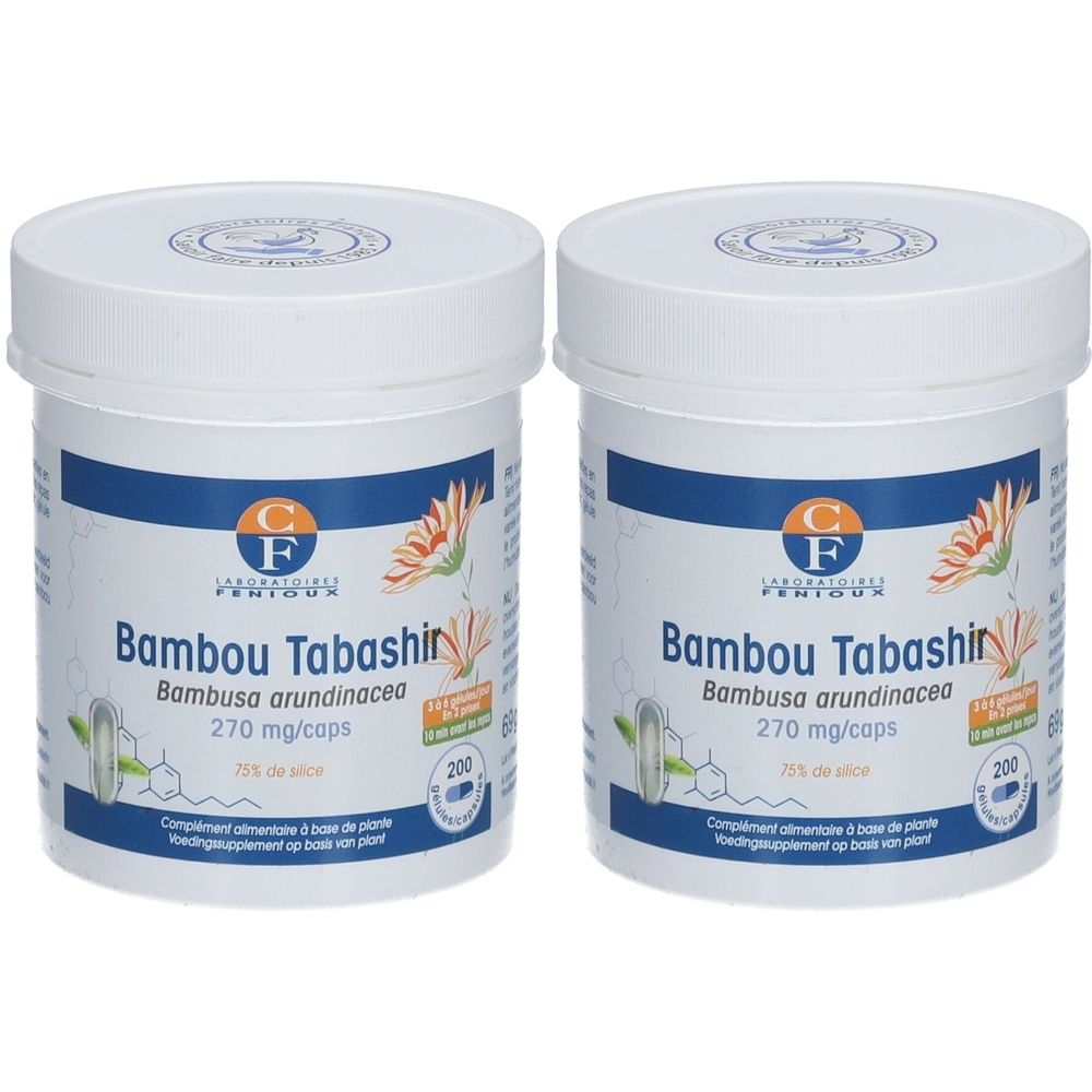 Deux pots blancs avec l'inscription Bambou Tabashir. Chaque pot contient 200 gélules.