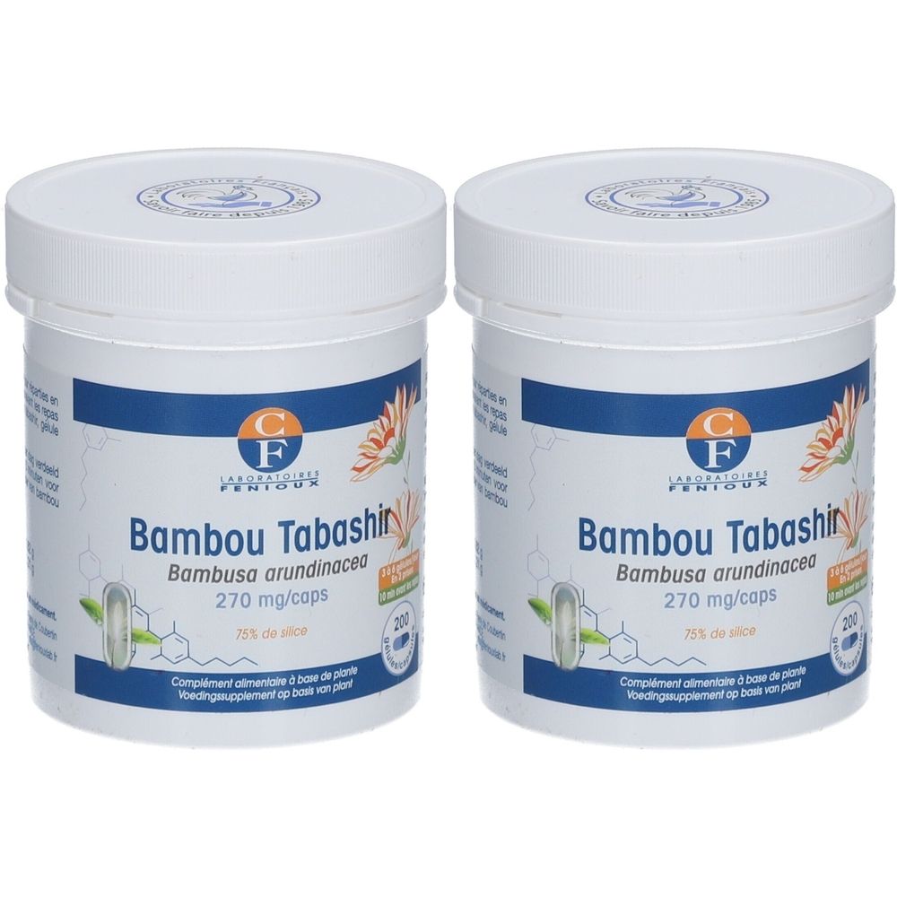 Deux pots blancs avec couvercles. Inscription: Bambou Tabashir, 270 mg/caps. Marque: Fenioux. Contient 200 gélules.