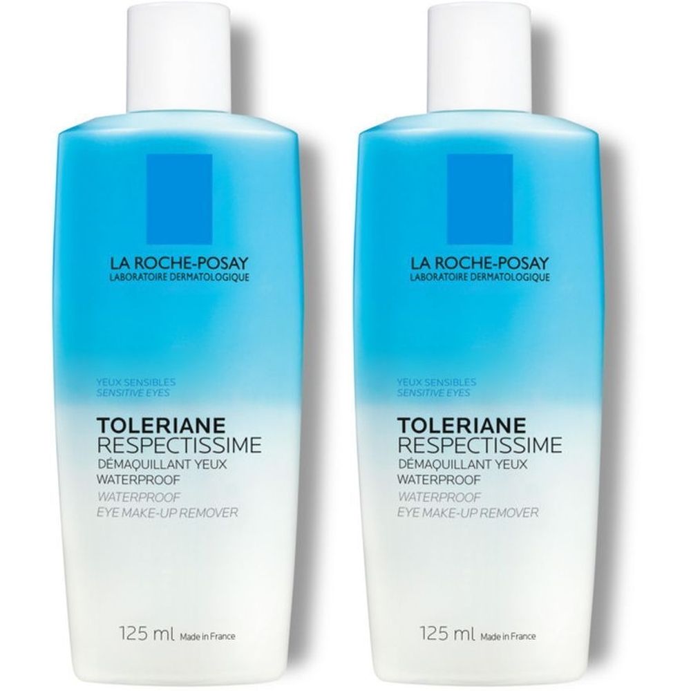 Deux flacons de La Roche-Posay Respectissime Démaquillant Yeux Waterproof. Flacons bleus et blancs avec bouchon blanc. Texte: Toleriane Respectissime.