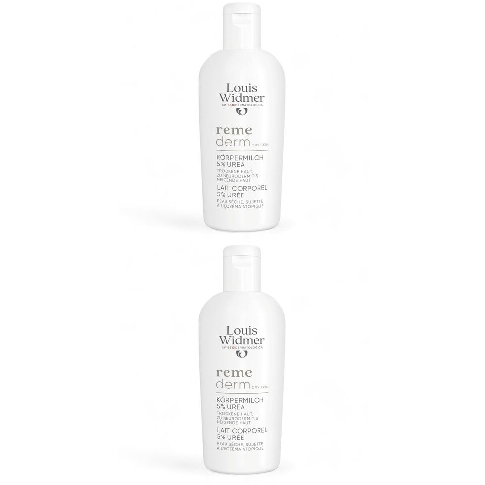 Twee witte flacons met klapdeksel. Opschrift: Louis Widmer, remederm, Körpermilch 5% Urea, Lait Corporel 5% Urée.