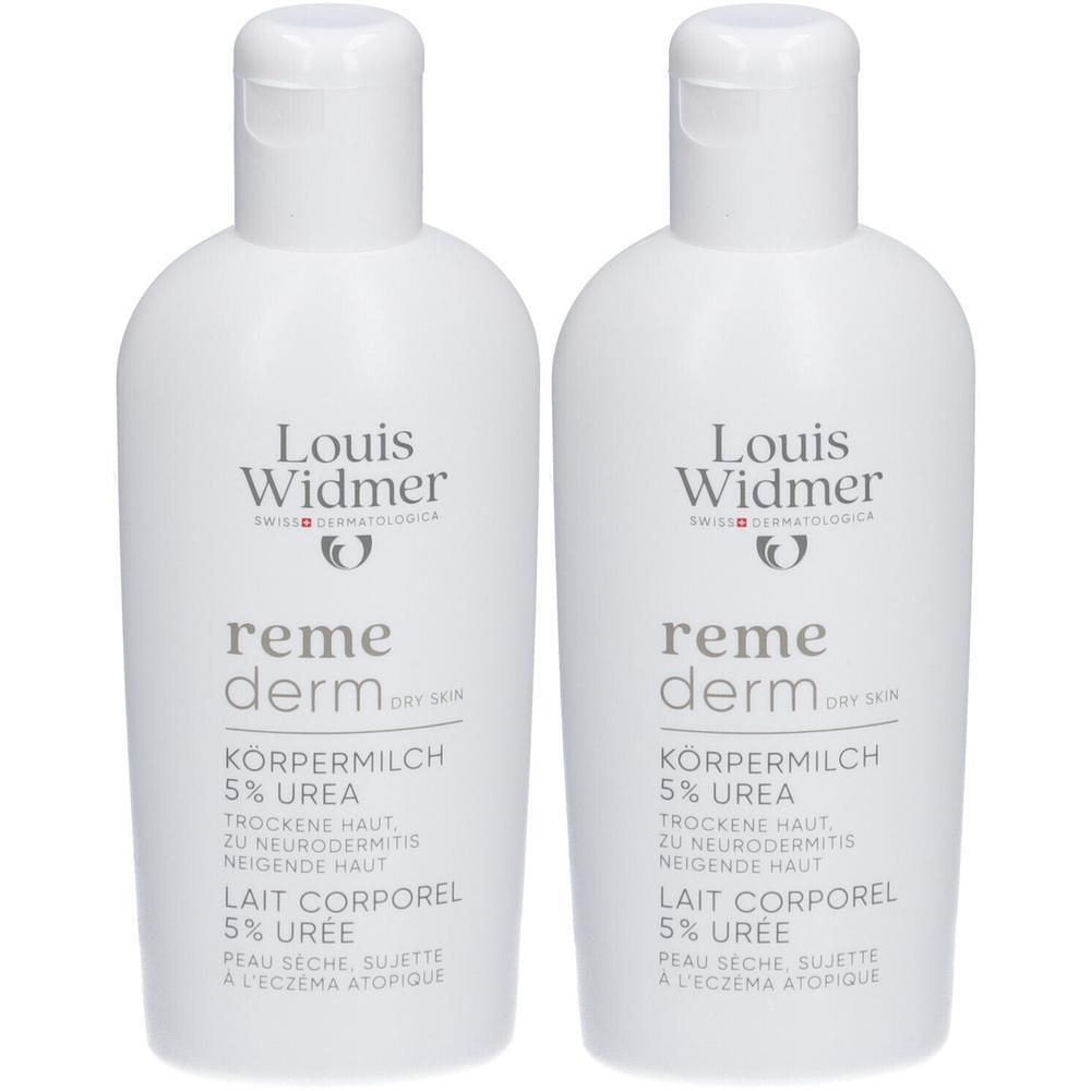 Deux flacons blancs Louis Widmer Remederm. Inscription: Lait corporel 5% urée, peau sèche, sujette à l'eczéma atopique.
