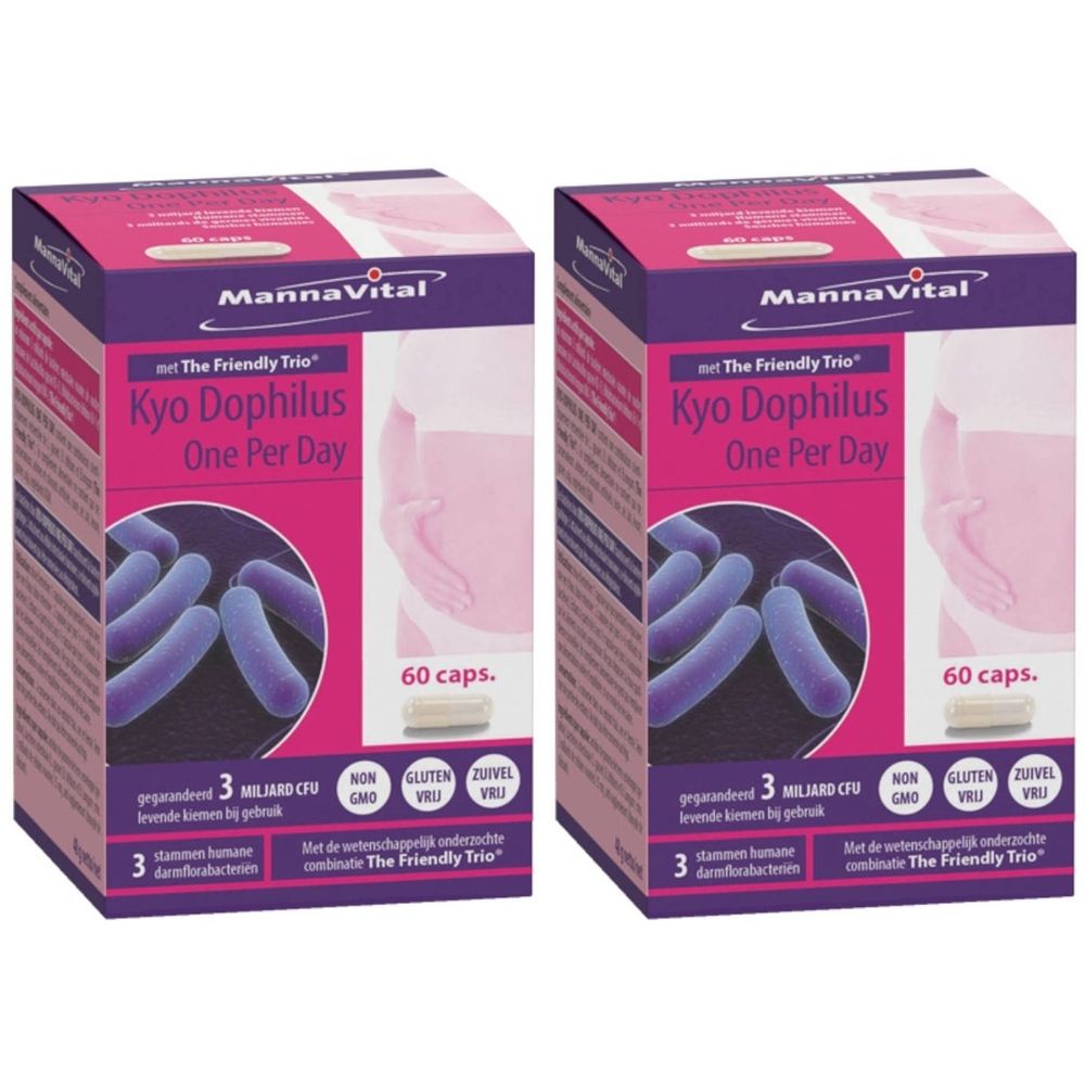 Twee dozen Kyo Dophilus. Opschrift: MannaVital, Kyo Dophilus One Per Day, 60 capsules. Illustratie van bacteriën en een persoon.