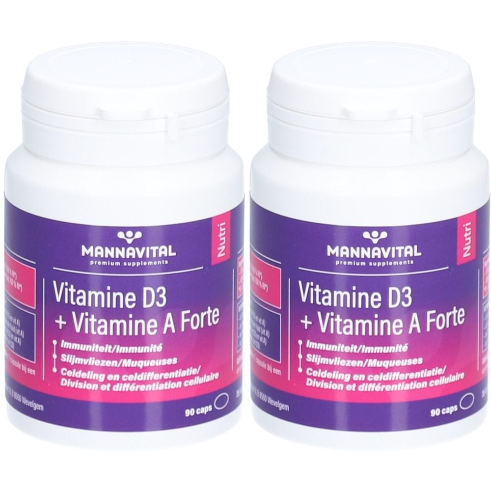 Twee witte flessen met paarse etiketten. Opschrift: Mannavital Vitamine D3 + Vitamine A Forte. 90 capsules. Opschrift: Immuniteit/Immunité.