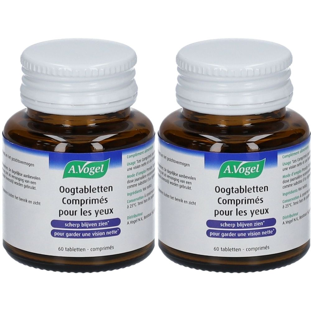 Twee bruine glazen flessen met witte doppen. Labels: "A.Vogel Oogtabletten Comprimés pour les yeux", 60 tabletten.