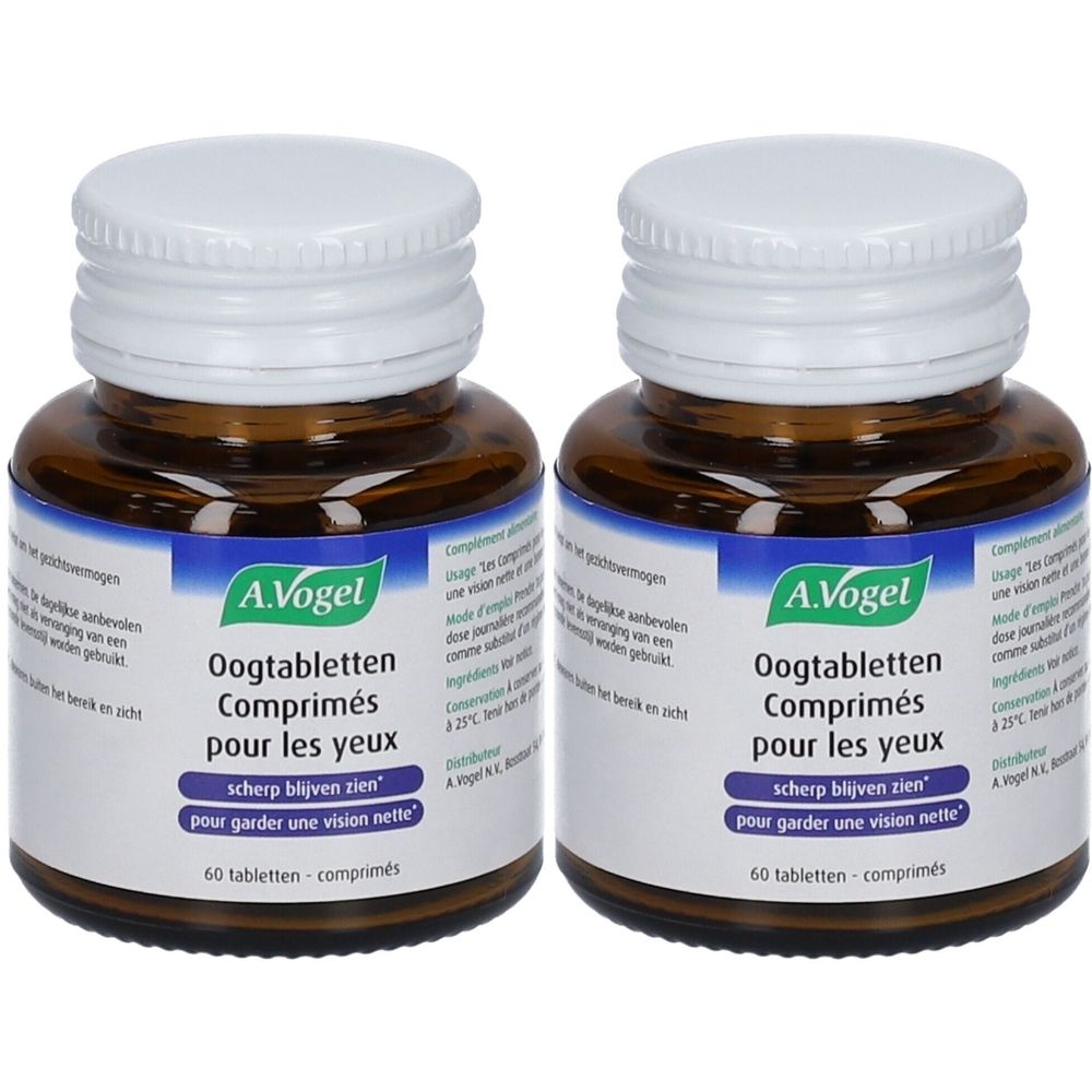 Twee flessen A.Vogel Oogtabletten. Bruine glazen flessen met witte doppen. Opschrift in het Duits en Frans.