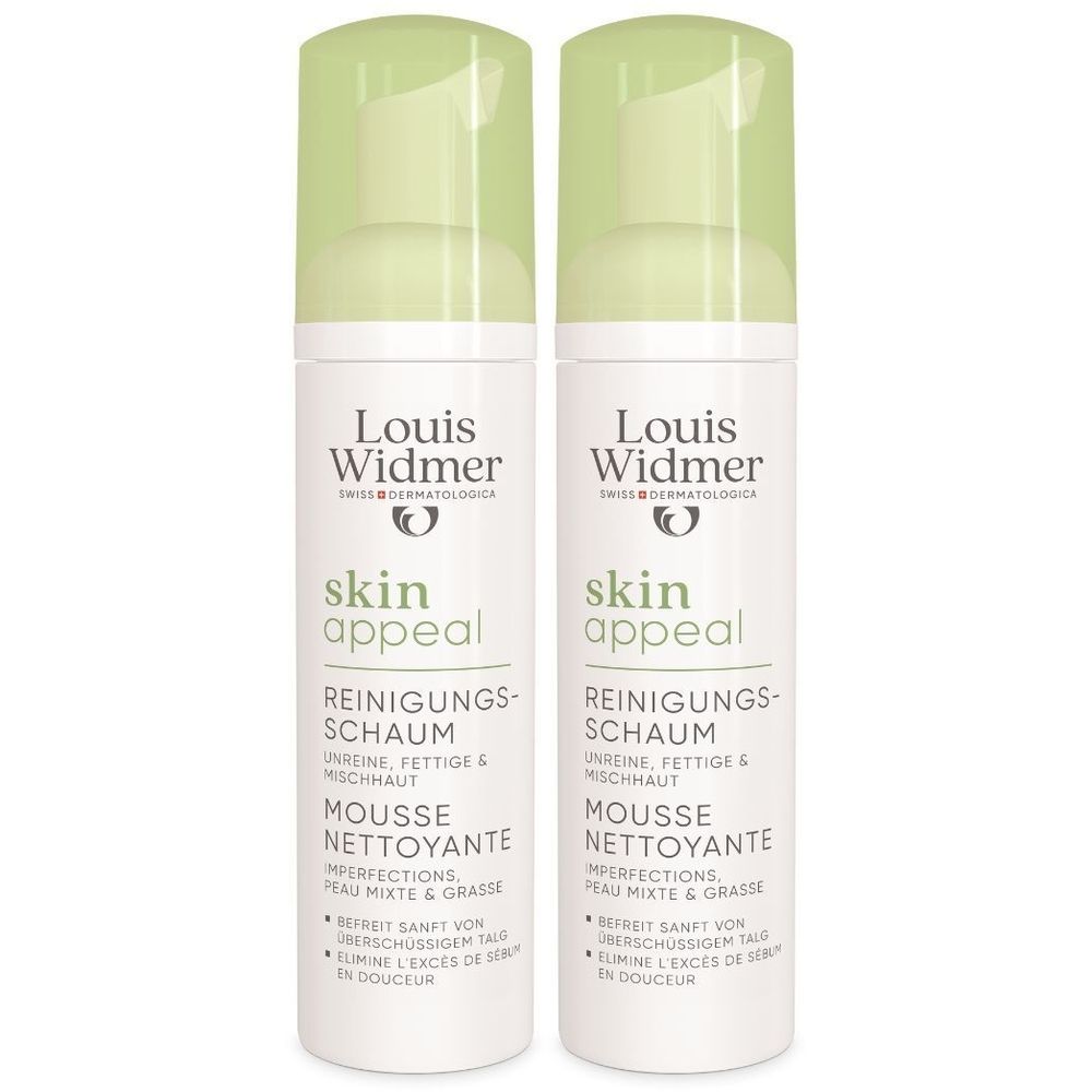 Deux flacons de mousse nettoyante Louis Widmer Skin Appeal. Flacons blancs avec bouchon vert. Texte: skin appeal, Reinigungs-Schaum, Mousse Nettoyante.