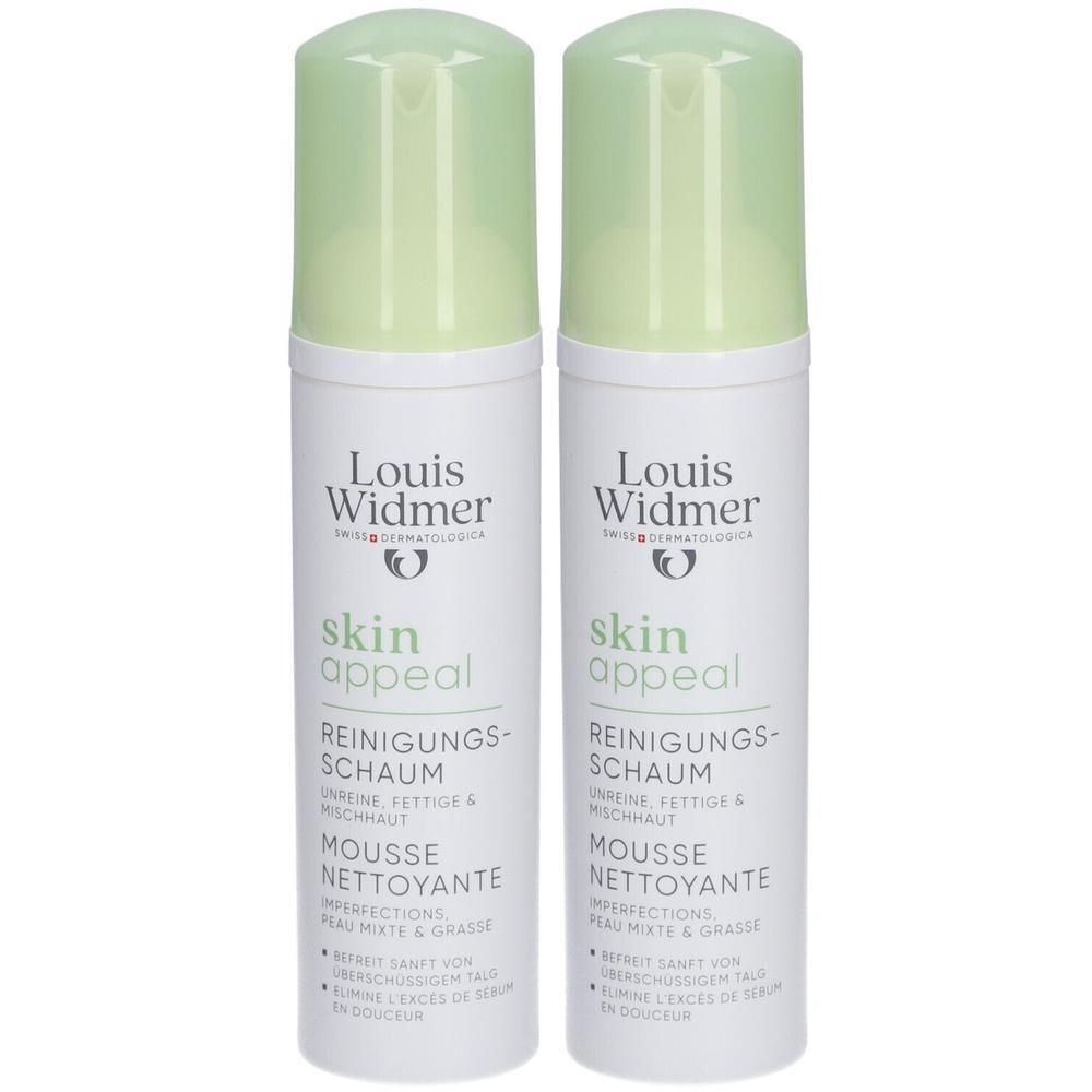 Twee flessen Louis Widmer Skin Appeal reinigingsmousse. Witte flessen met groene dop. Tekst: Skin Appeal, Mousse Nettoyante.