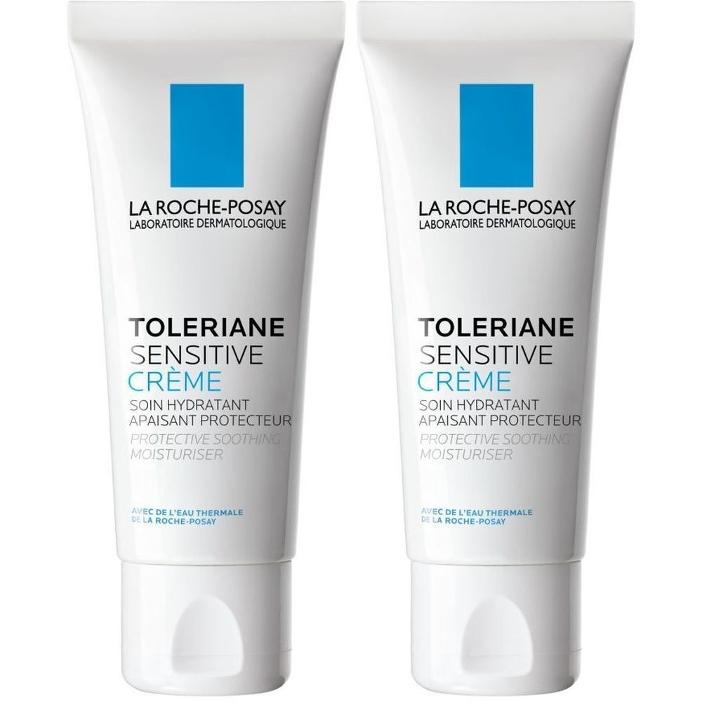 Twee tubes La Roche-Posay Toleriane Sensitive Crème. Wit, met blauwe rechthoek en tekst. Productnaam en beschrijving.