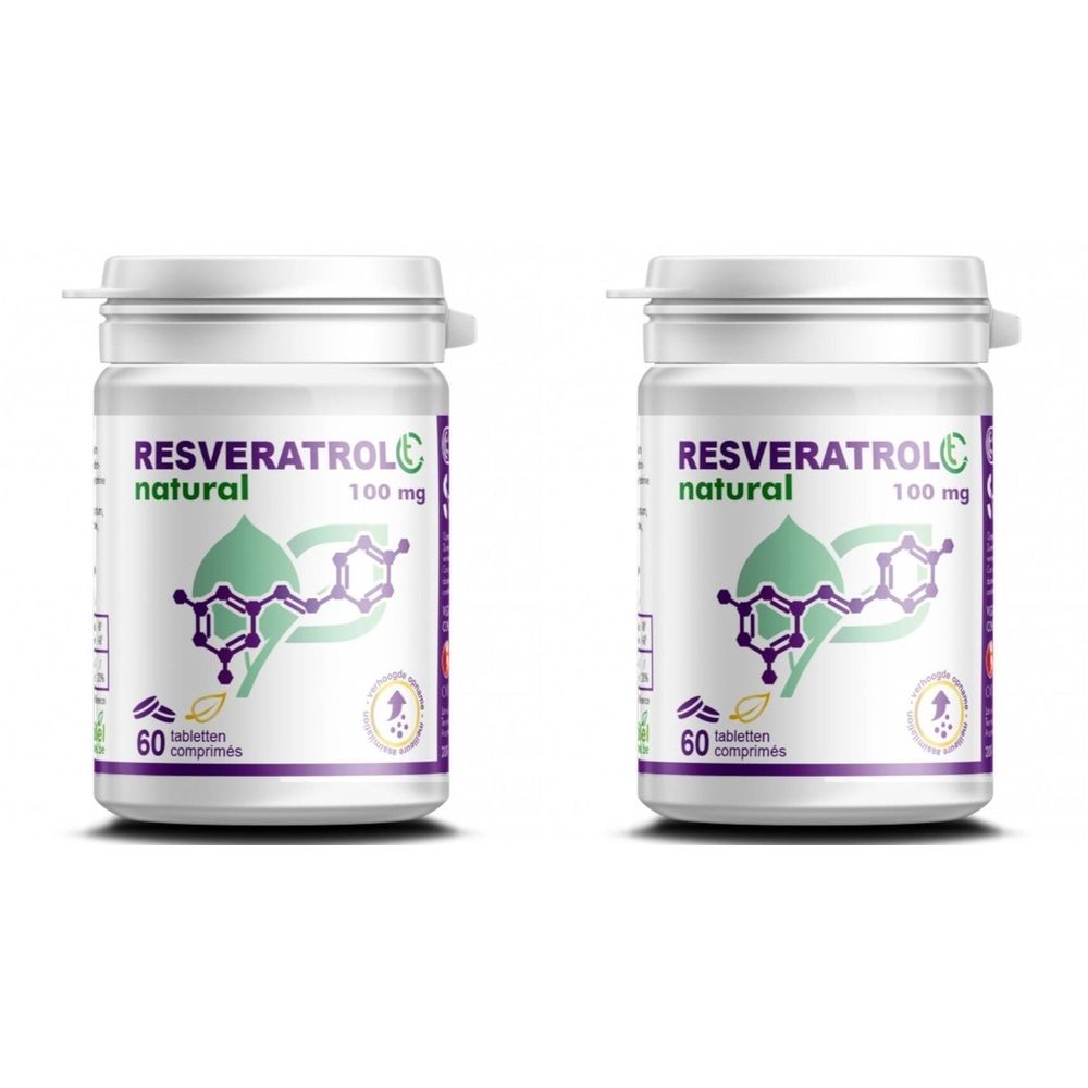 Twee witte tablettenpotten met etiketten. Opschrift: RESVERATROL natural, 100 mg. Afbeelding van chemische structuur en blad.