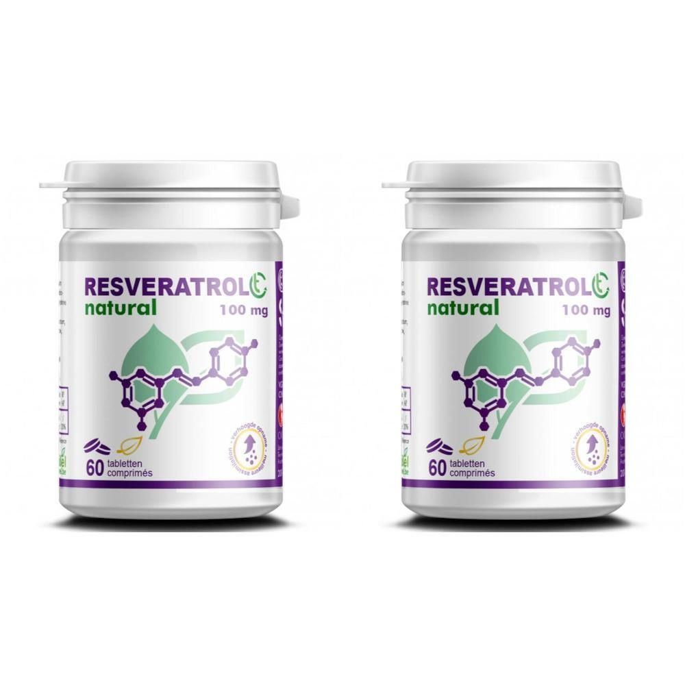 Twee witte tablettenpotten met etiket. Opschrift: Resveratrol C, 100 mg, natural. 60 tabletten. Groen-paars logo.