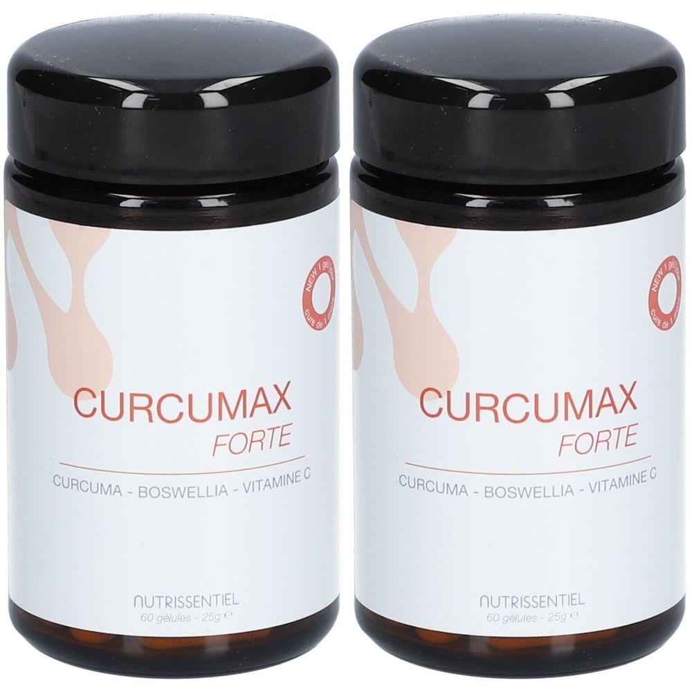 Deux flacons avec bouchon noir. L'étiquette indique CURCUMAX FORTE, suivi de CURCUMA - BOSWELLIA - VITAMINE C. Marque : NUTRISSENTIEL.