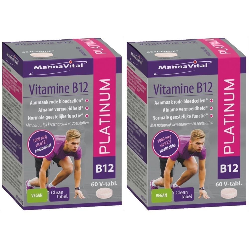 Twee rechthoekige verpakkingen Mannavital Vitamine B12 Platinum. Opschriften: B12, 60 V-tabl., Vegan, Clean Label. Illustratie van een man.