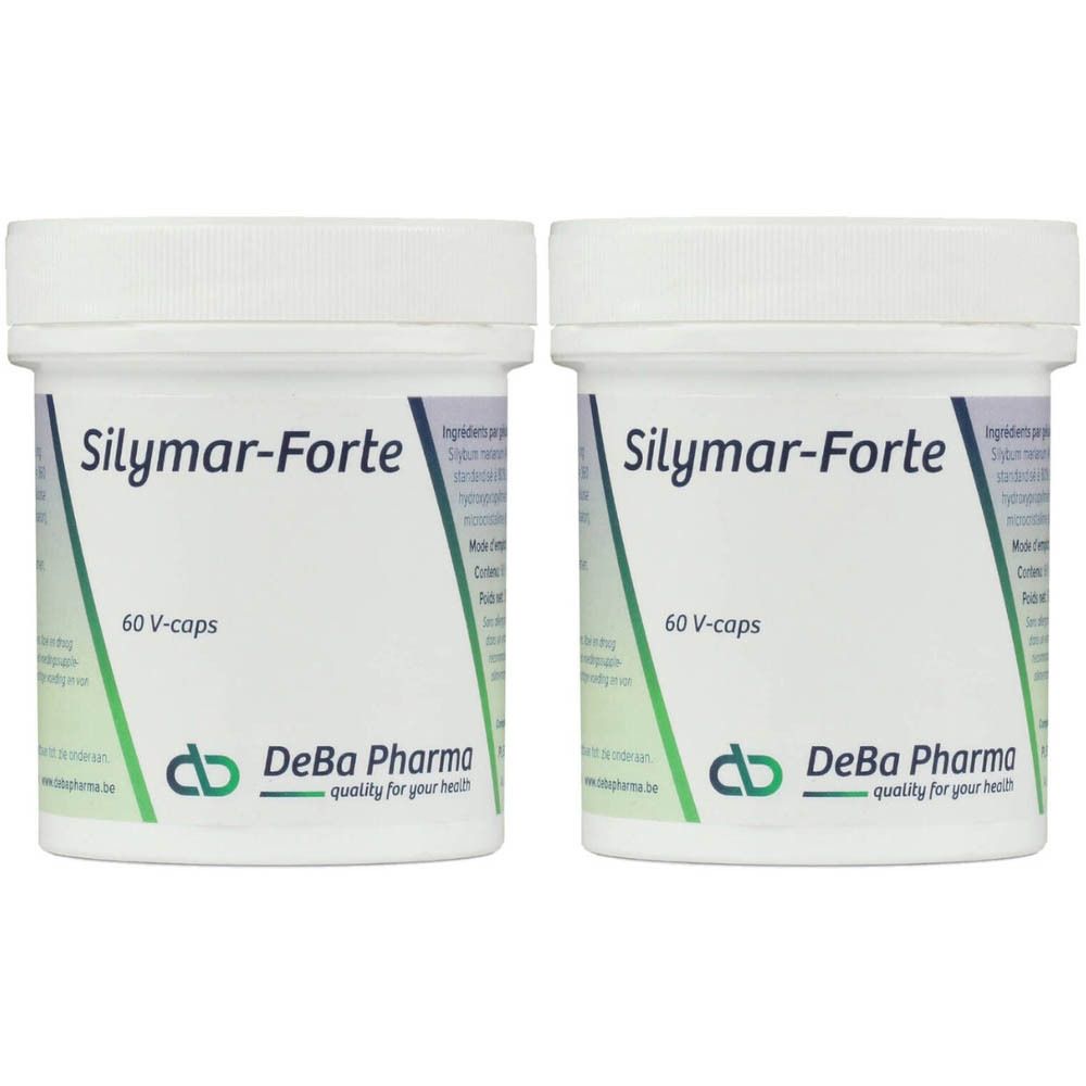 Deux pots blancs avec couvercles. Inscription Silymar-Forte, 60 V-caps et logo DeBa Pharma. Éléments de design vert et blanc.