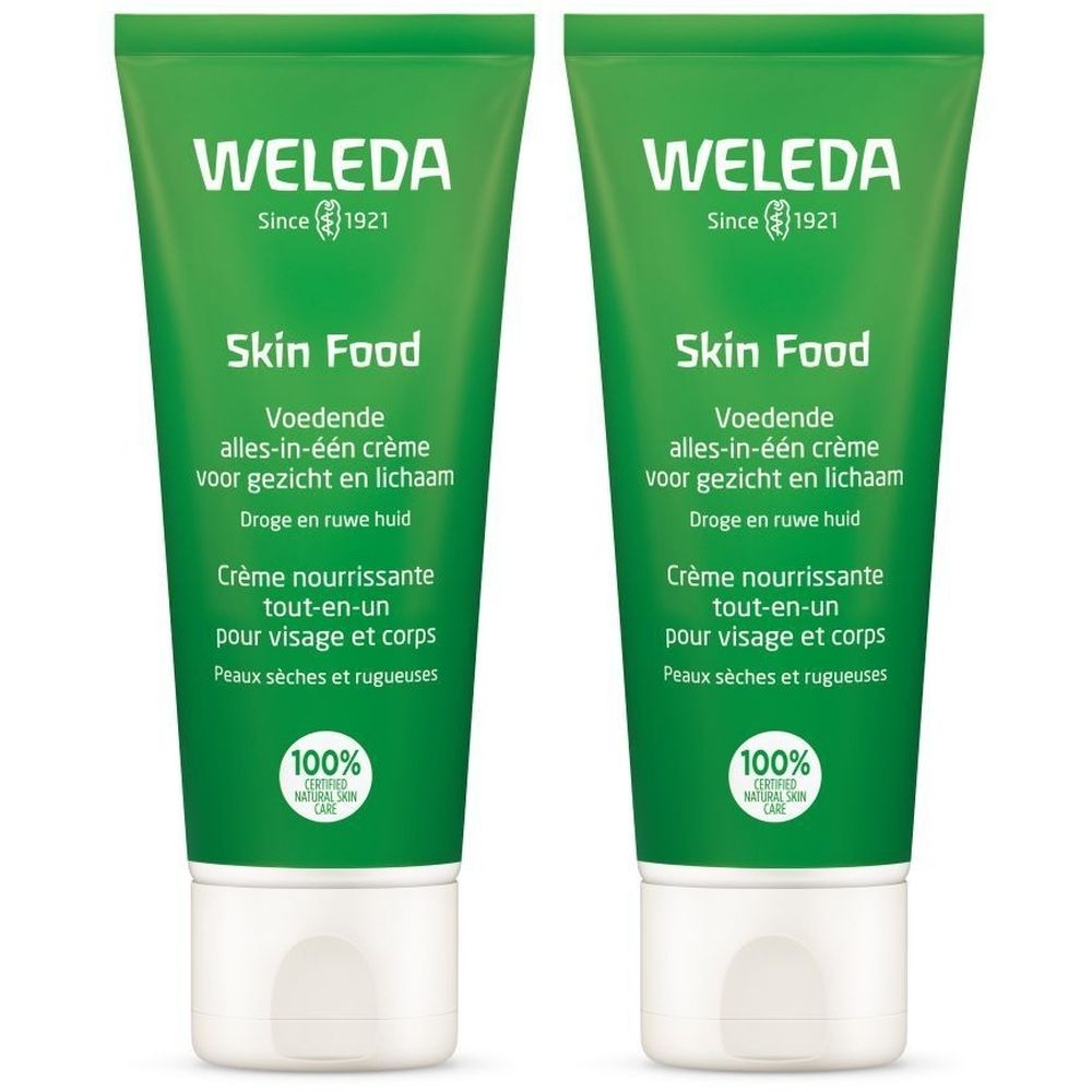Deux tubes verts de crème Weleda Skin Food. Texte : Skin Food, Crème nourrissante, 100% cosmétiques naturels certifiés.