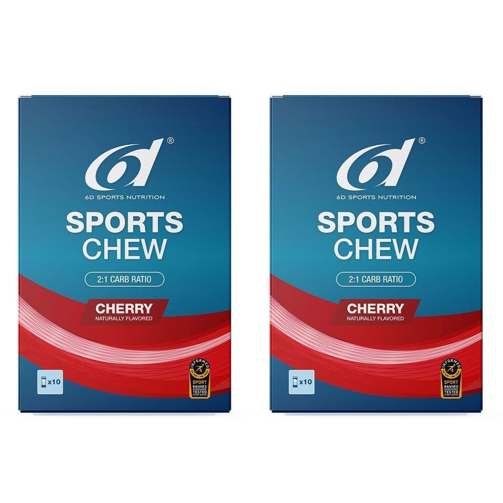 Twee blauwe verpakkingen met "6d Sports Chew Cherry". Opschrift: SPORTS CHEW, 2:1 Carb Ratio, Cherry. Met logo en certificering.