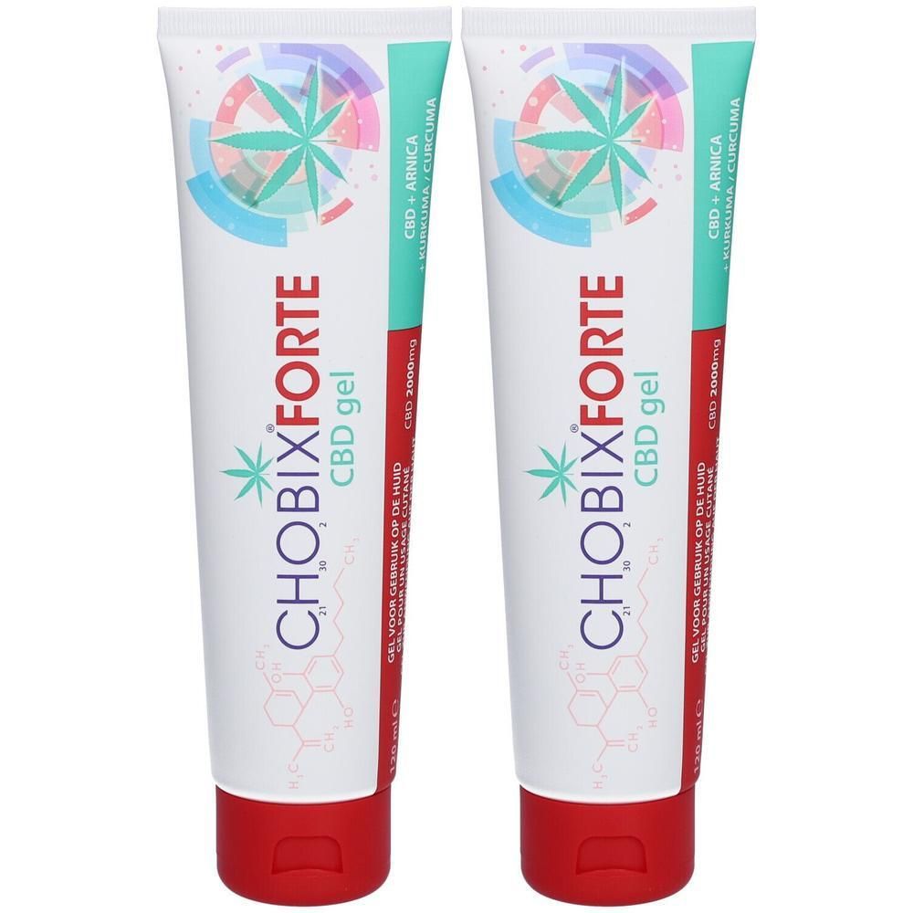 Twee tubes Chobix Forte CBD gel. Witte tubes met rode dop. Opschrift: CBD, logo, ingrediënten.