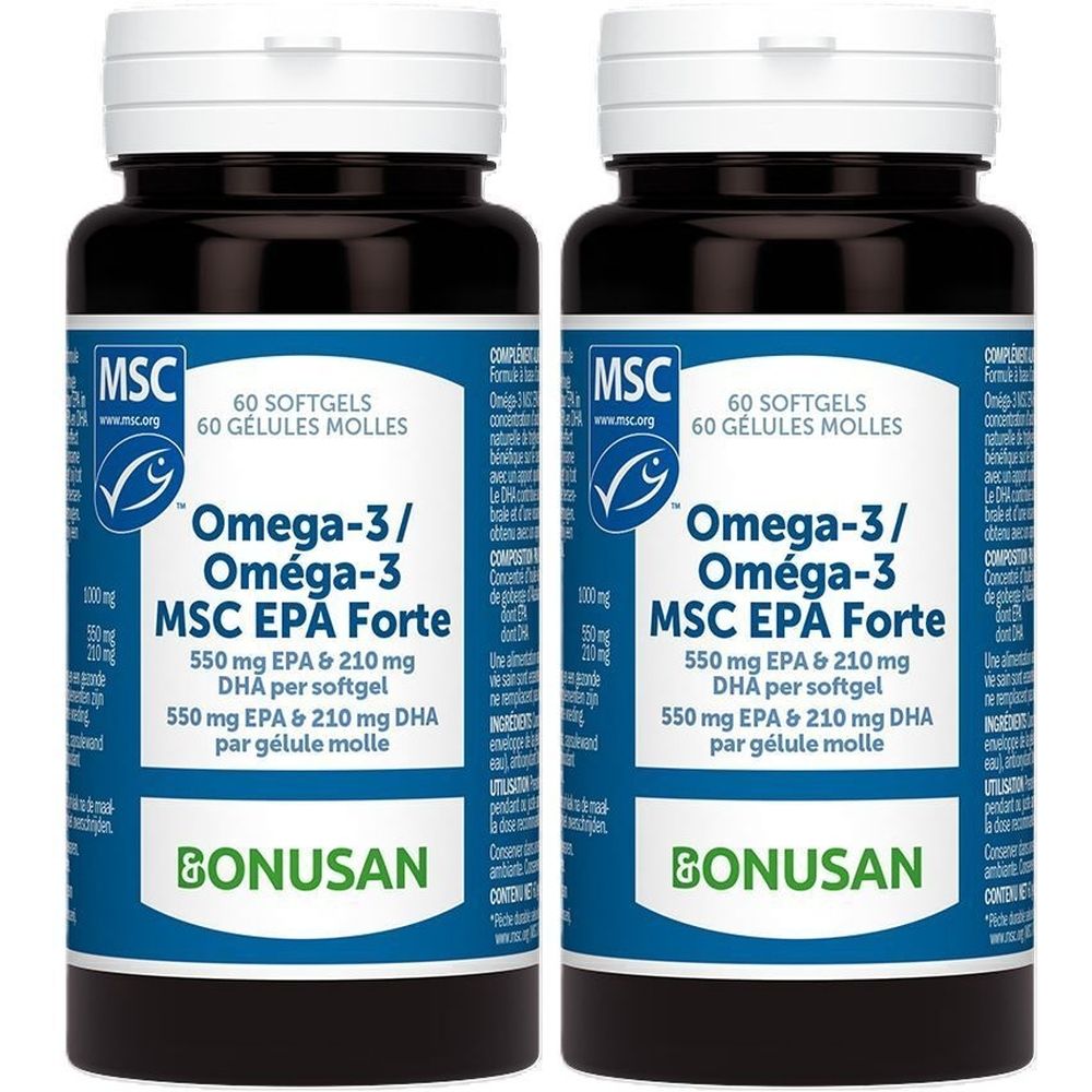Twee flessen Omega-3 MSC EPA Forte. Zwarte flessen met witte dop en blauw etiket. Tekst: BONUSAN, MSC, 60 softgels.