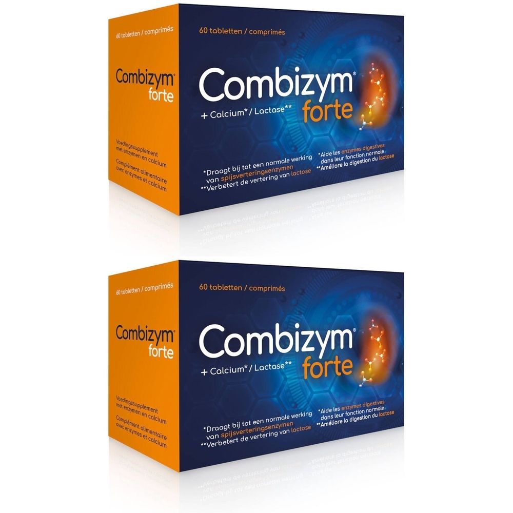 Twee dozen Combizym forte. Blauwe en oranje verpakking met productnaam en informatie. Bevat 60 tabletten.