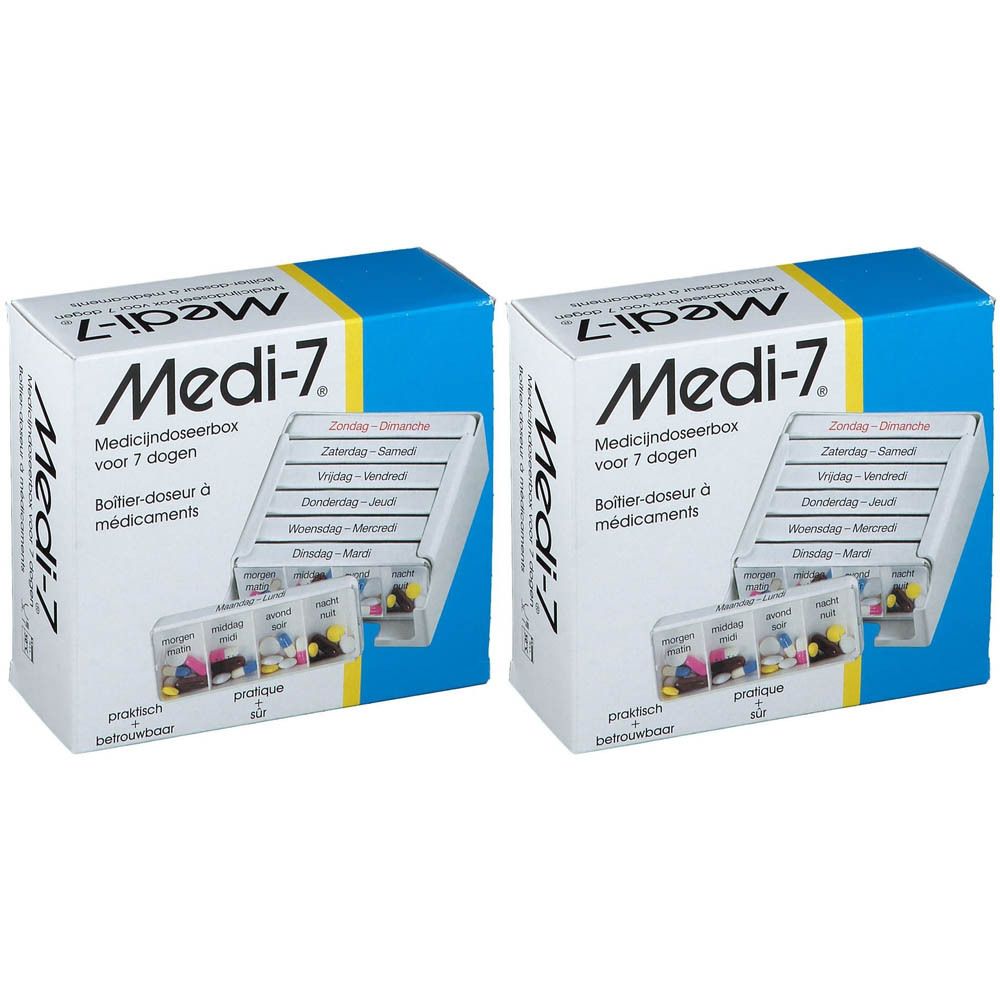 Twee rechthoekige Medi-7 pillendoosdozen. Witte dozen met blauwe deksel. Opschrift: Medi-7, Medicijndoseerbox voor 7 dogen.