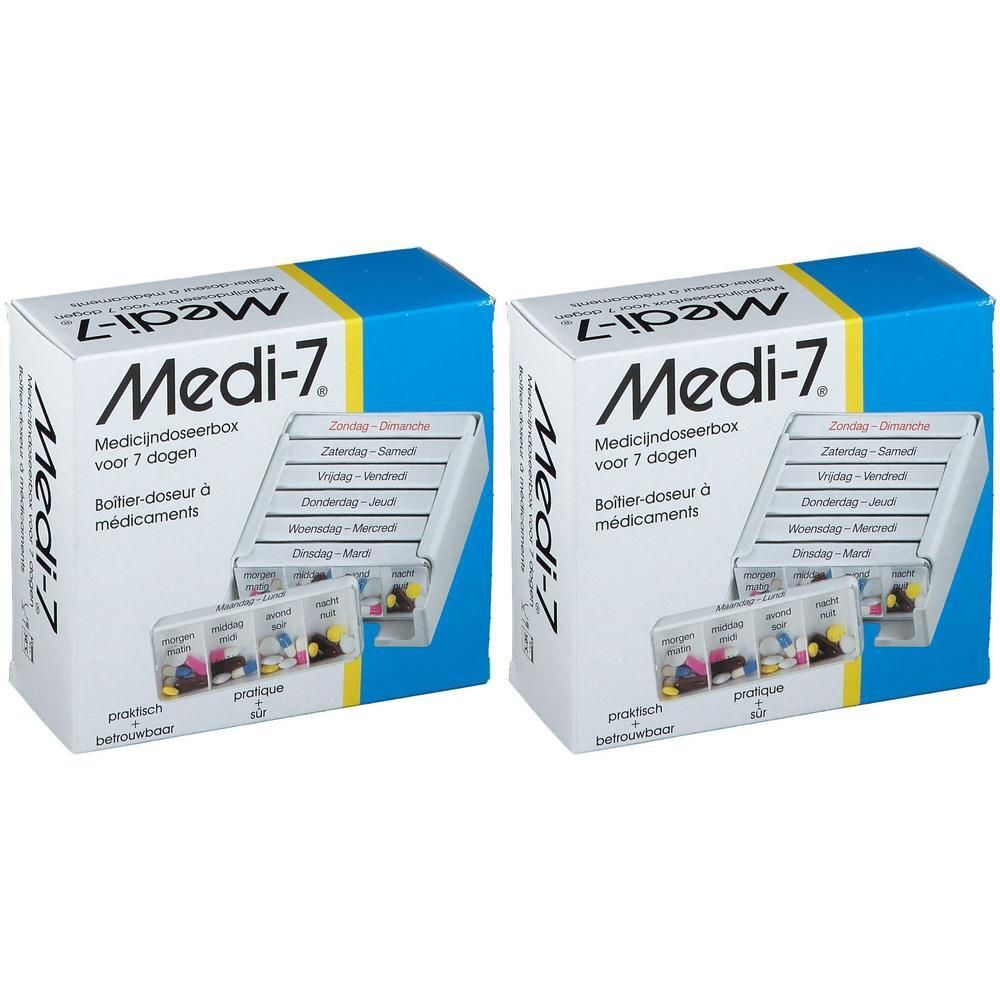 Deux boîtes de piluliers Medi-7. Emballage bleu et blanc avec piluliers hebdomadaires. Texte : Medi-7, boîte de dosage de médicaments.