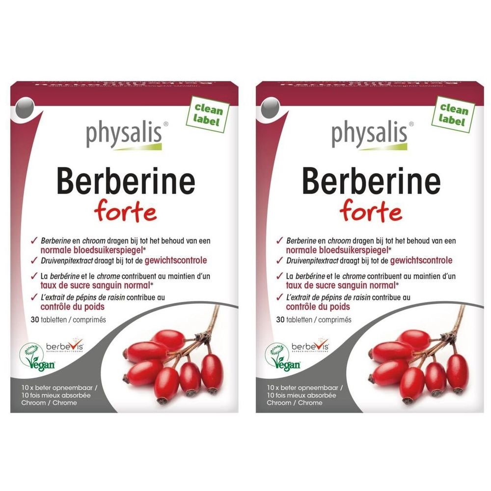 Twee verpakkingen Physalis Berberine Forte. Opschrift: Berberine forte, 30 tabletten. Vegan-zegel. Illustratie van rode bessen.