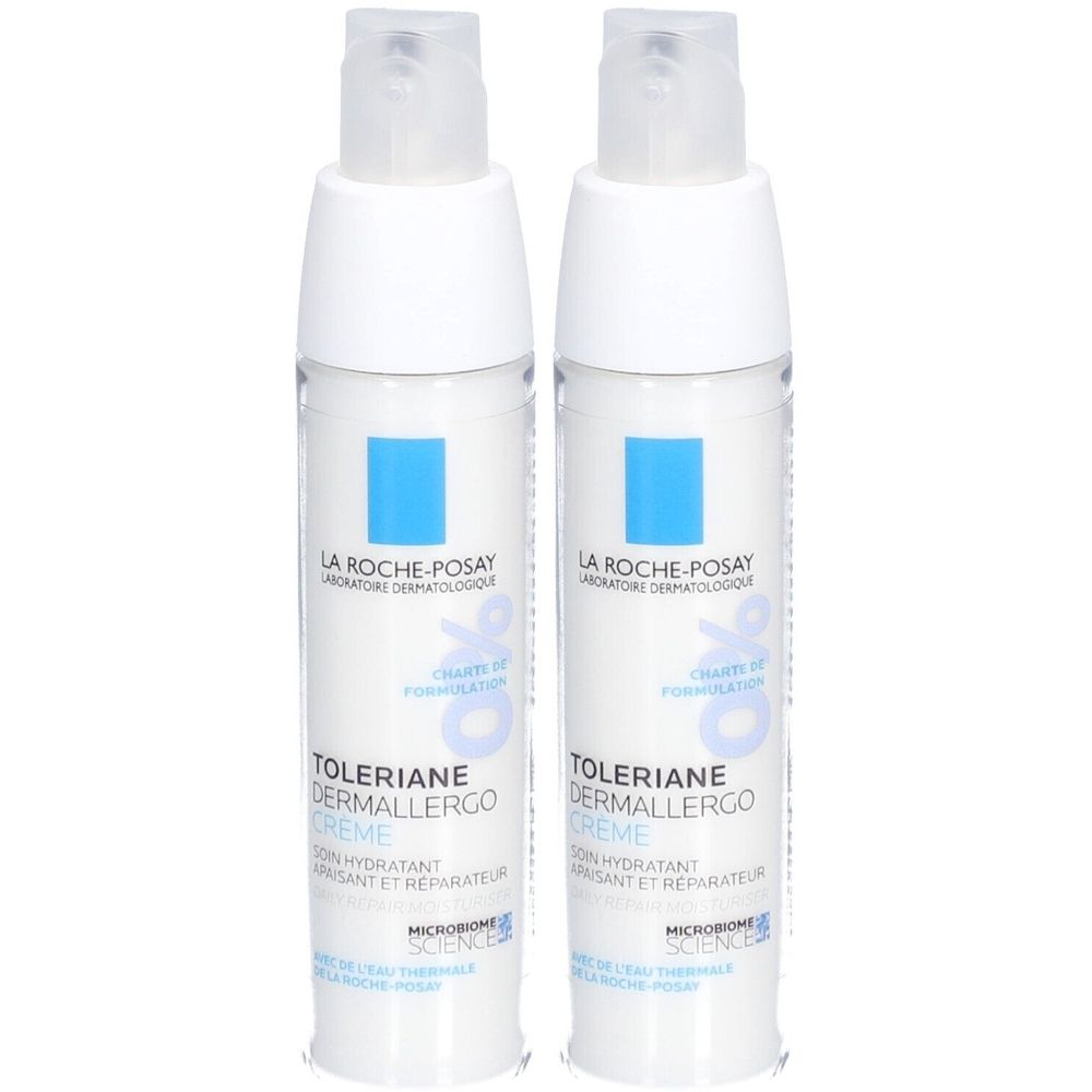 Twee witte flessen met blauwe vierkanten en tekst. Opschrift: Toleriane Dermallergo Crème. Merk: La Roche-Posay.