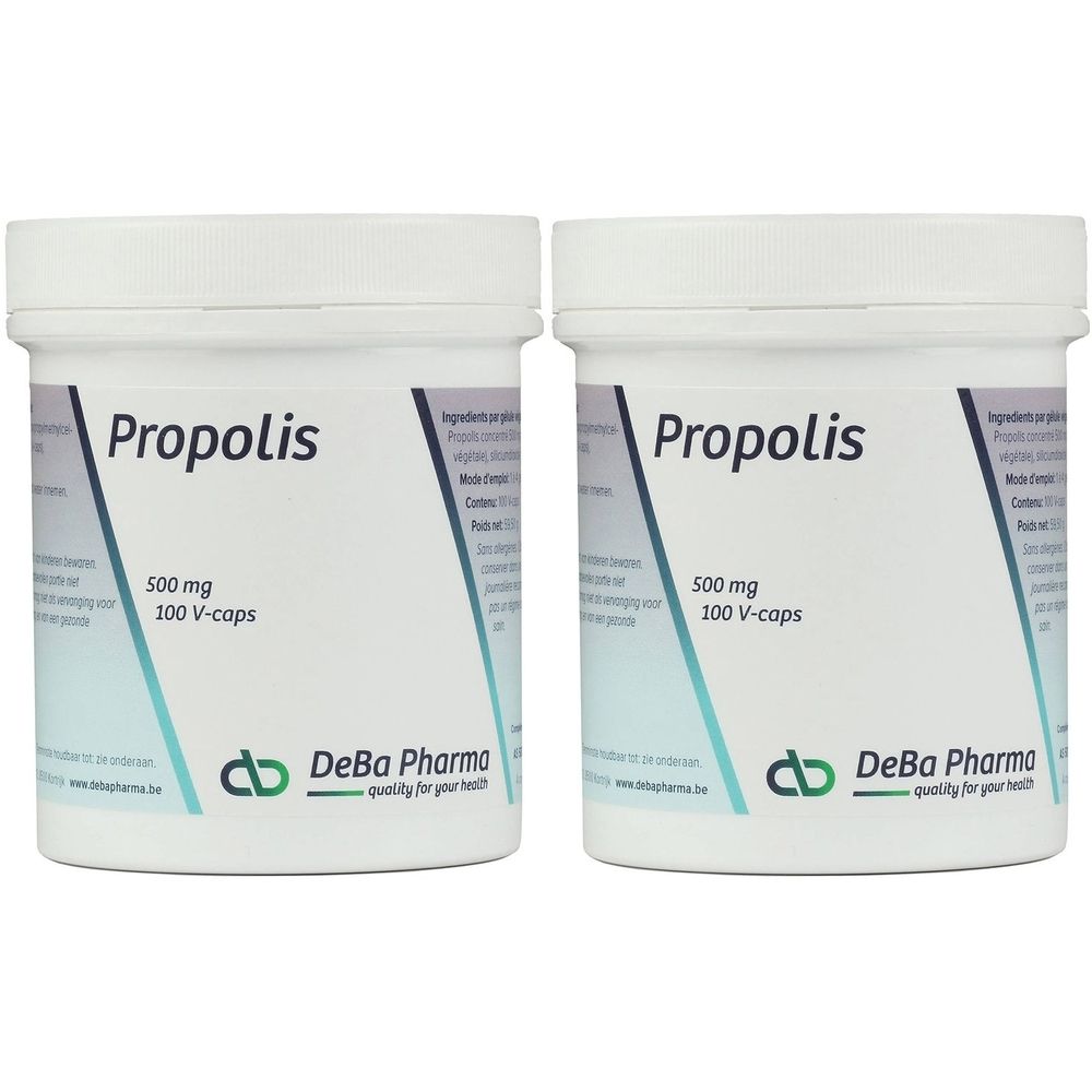Twee witte potten met de tekst "Propolis", 500 mg, 100 V-caps. Merk DeBa Pharma.