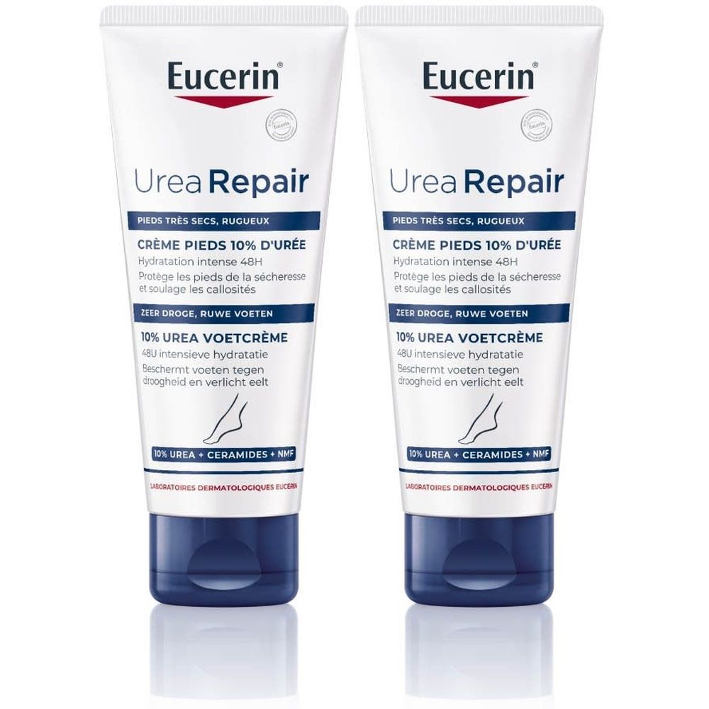 Deux tubes de crème pour les pieds Eucerin UreaRepair Plus. Tubes blancs avec bouchons bleus. Texte: Crème Pieds 10% D'Urée.