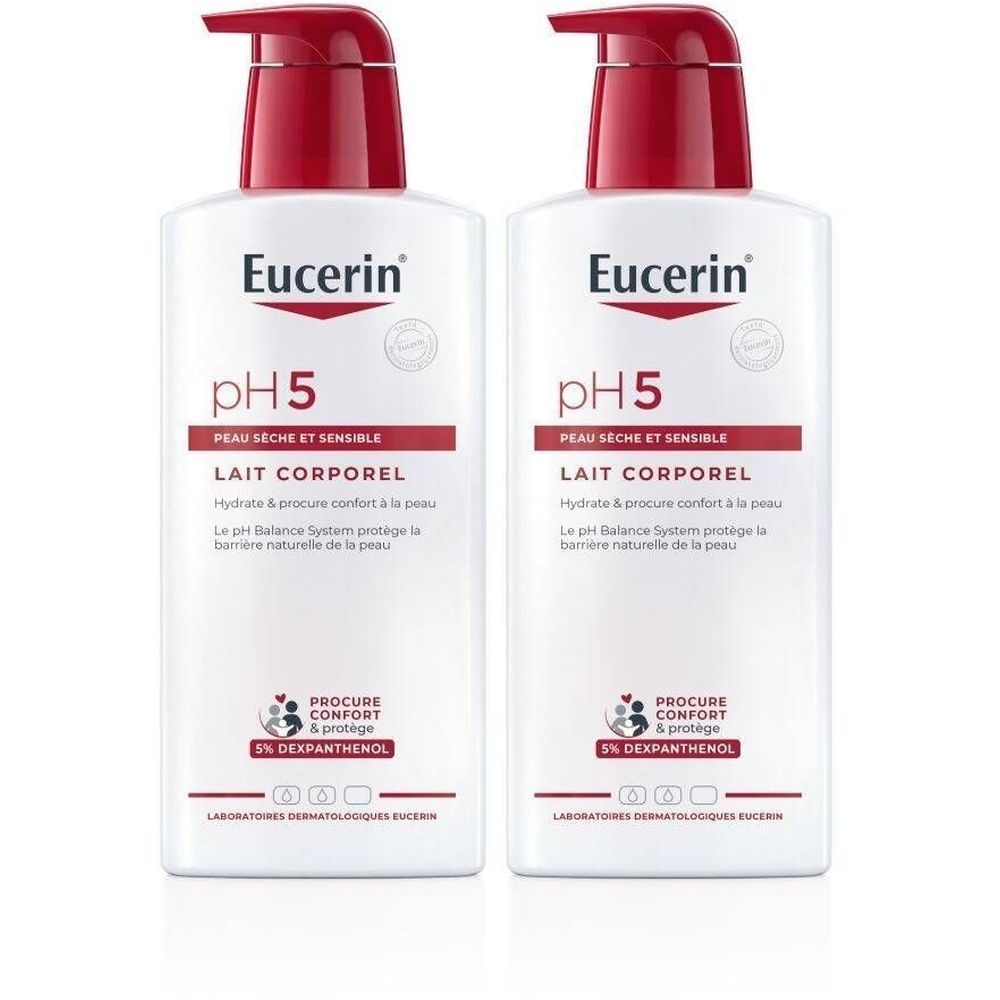 Deux flacons blancs Eucerin pH5 Lait Corporel. Tête de pompe rouge. Texte: pH5, Lait Corporel, 5% Dexpanthenol.