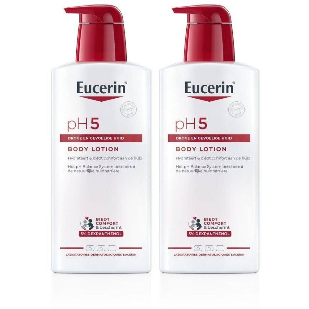 Twee witte flessen Eucerin pH5 Body Lotion. Rode pompkop. Tekst: pH5, Body Lotion, 5% Dexpanthenol.