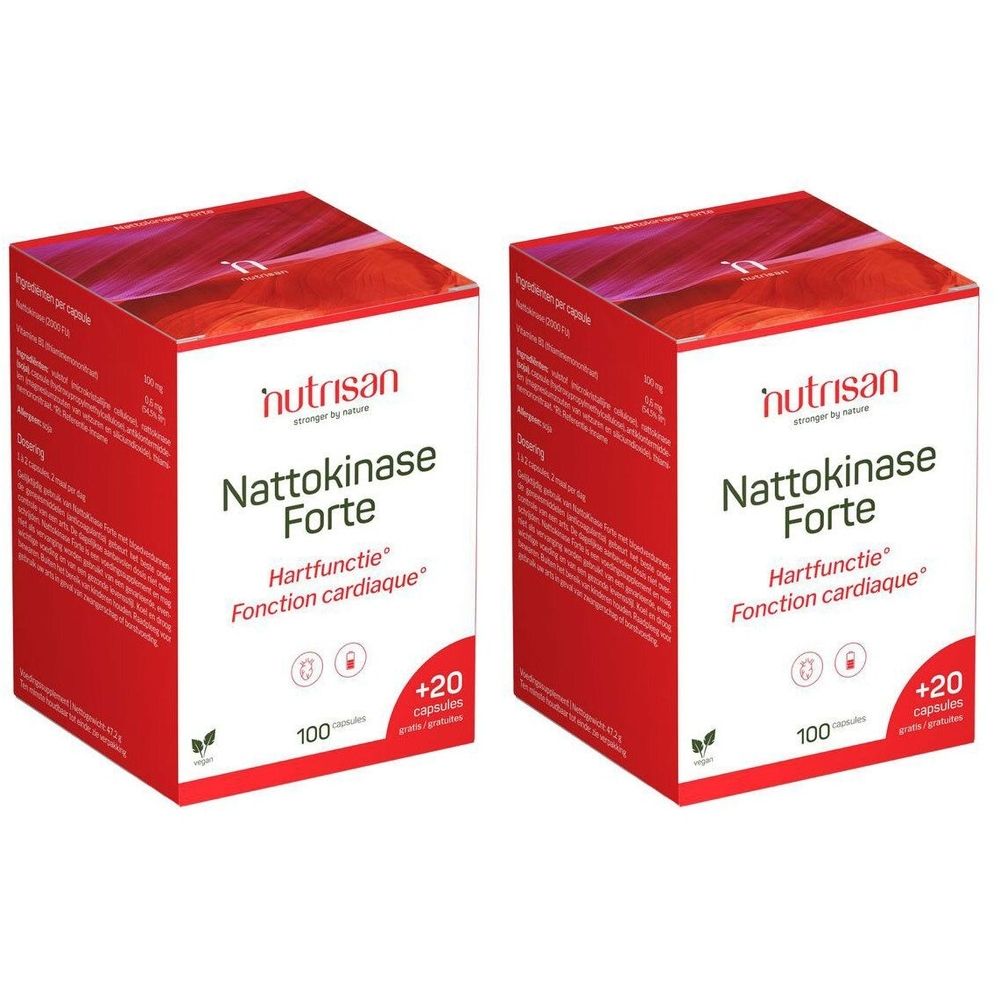 Twee rode dozen "Nutrisan Nattokinase Forte". Tekst: "Hartfunctie Fonction cardiaque". Bevat 100 + 20 capsules.