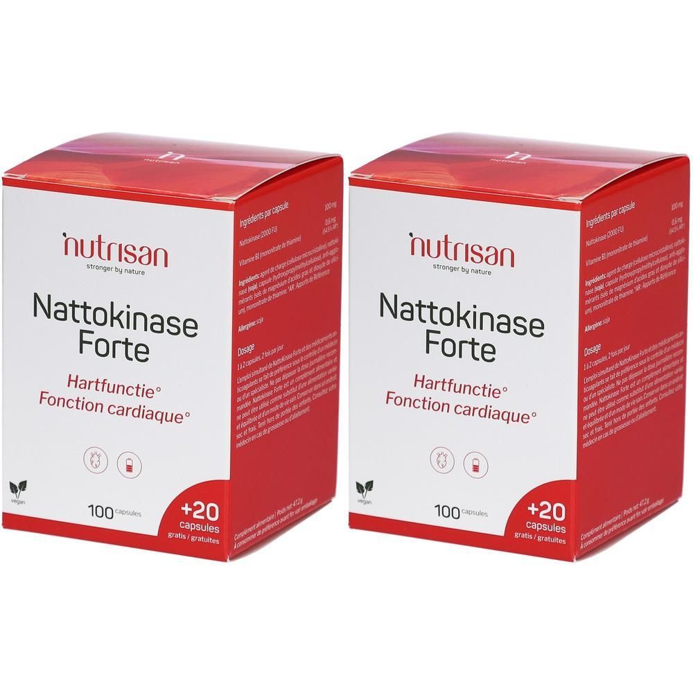 Deux boîtes rouges "Nutrisan Nattokinase Forte". Texte: "Hartfunctie", "Fonction cardiaque". Plus 20 capsules gratuites.