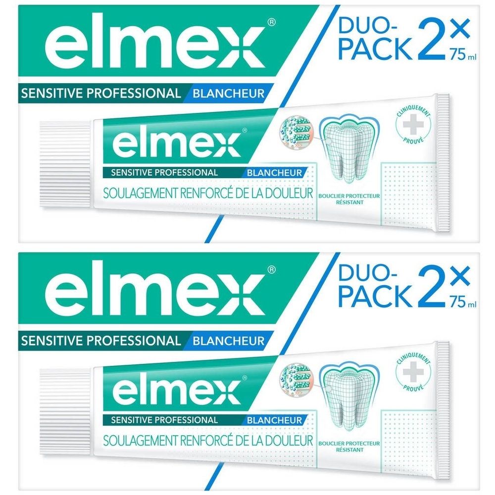 Deux tubes de dentifrice en Duo-Pack. Inscription: elmex SENSITIVE PROFESSIONAL BLANCHEUR. Avec symbole dentaire et indication de soulagement de la douleur.