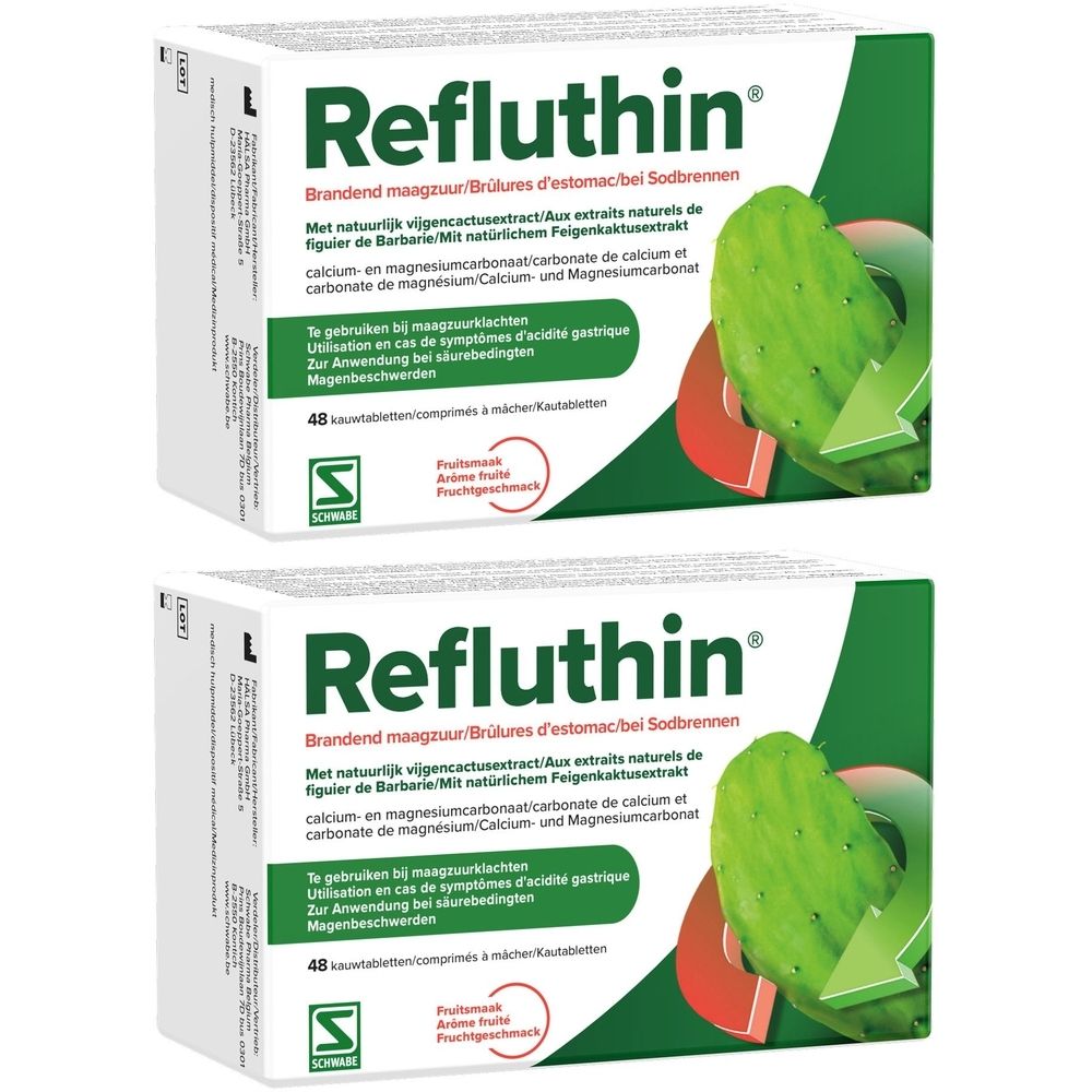 Twee dozen Refluthin. Opschrift: Brandend maagzuur/Brûlures d'estomac. Met vijgencactusextract. 48 kauwtabletten. Fruitsmaak.