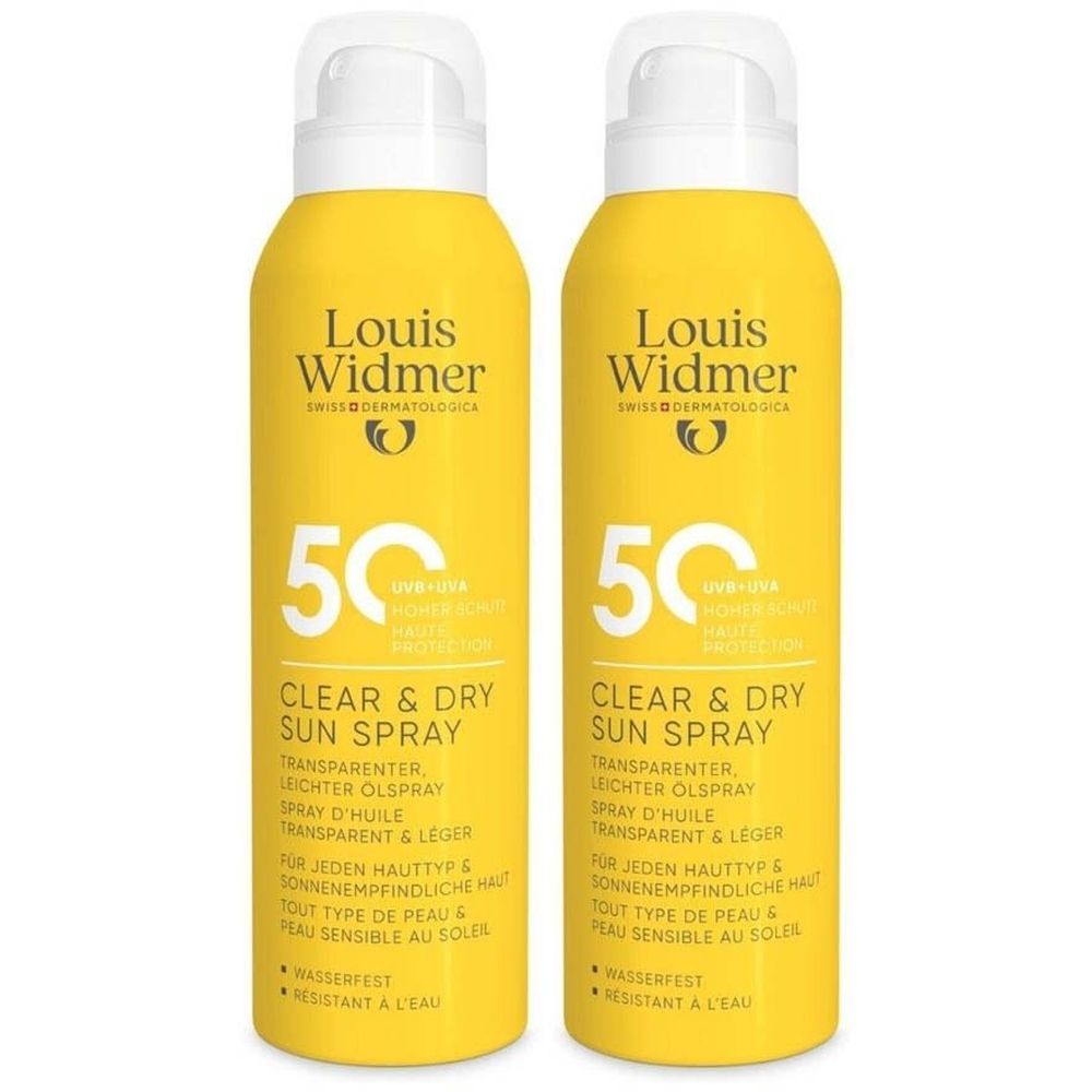 Deux sprays jaunes avec bouchons blancs. Inscription: Louis Widmer, Clear & Dry Sun Spray SPF50. Pour peaux sensibles au soleil.
