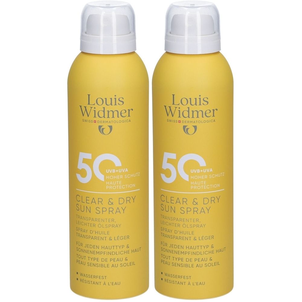 Twee gele sprays met witte dop. Opschrift: Louis Widmer, 50, Clear & Dry Sun Spray. Voor de gevoelige huid.