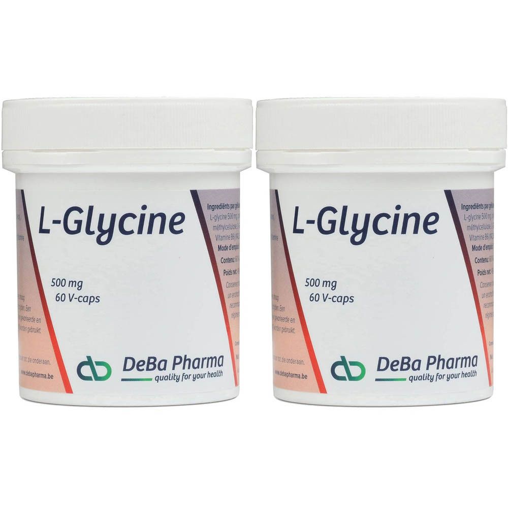 Deux pots blancs avec "L-Glycine 500 mg 60 V-caps". Marque DeBa Pharma. Qualité pour votre santé.