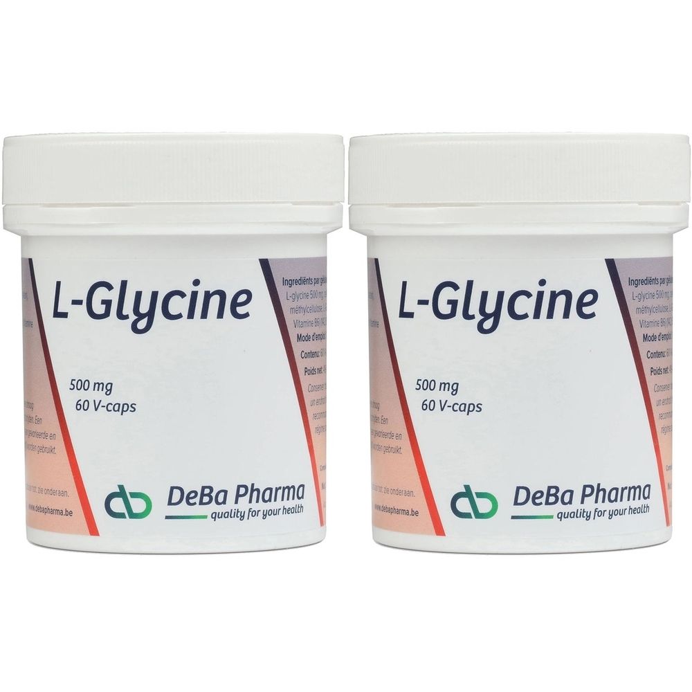Twee witte potten met deksels. Opschrift: L-Glycine 500 mg, 60 V-caps. Logo DeBa Pharma.