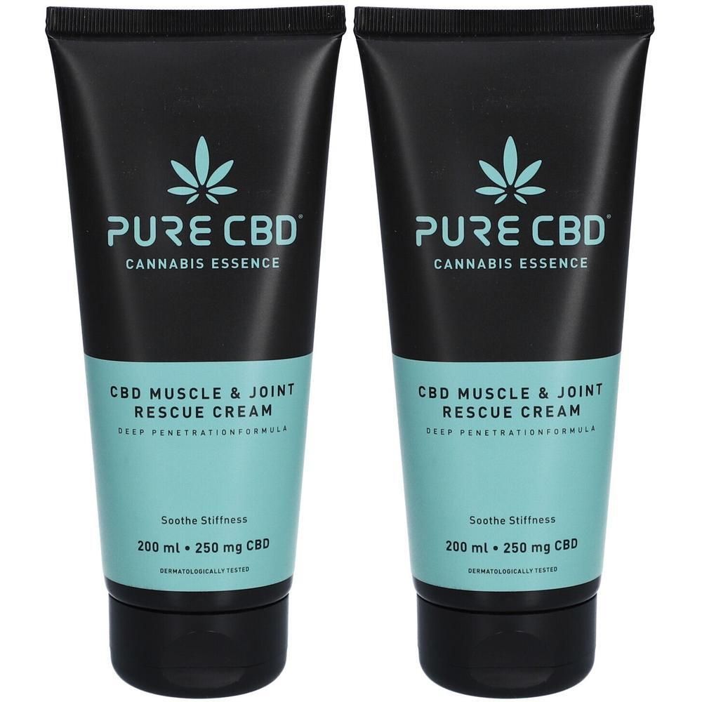 Deux tubes de crème Pure CBD® Muscles & Articulations Rescue. Tubes noirs avec étiquette turquoise. Texte: Pure CBD, 200 ml, 250 mg CBD.