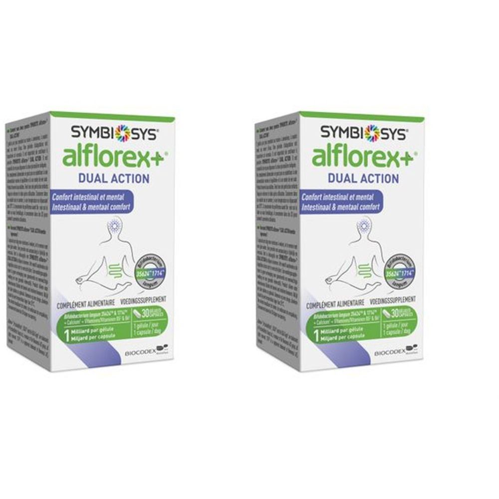 Deux boîtes SYMBIOSYS Alflorex+ Dual Action. Inscription: Confort intestinal et mental. Logo avec silhouette.