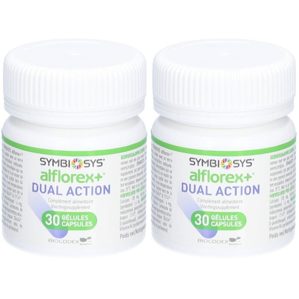 Twee witte flessen SYMBIOSYS Alflorex+ Dual Action. Elke fles bevat 30 capsules. Groen-witte etiketten met productinformatie.