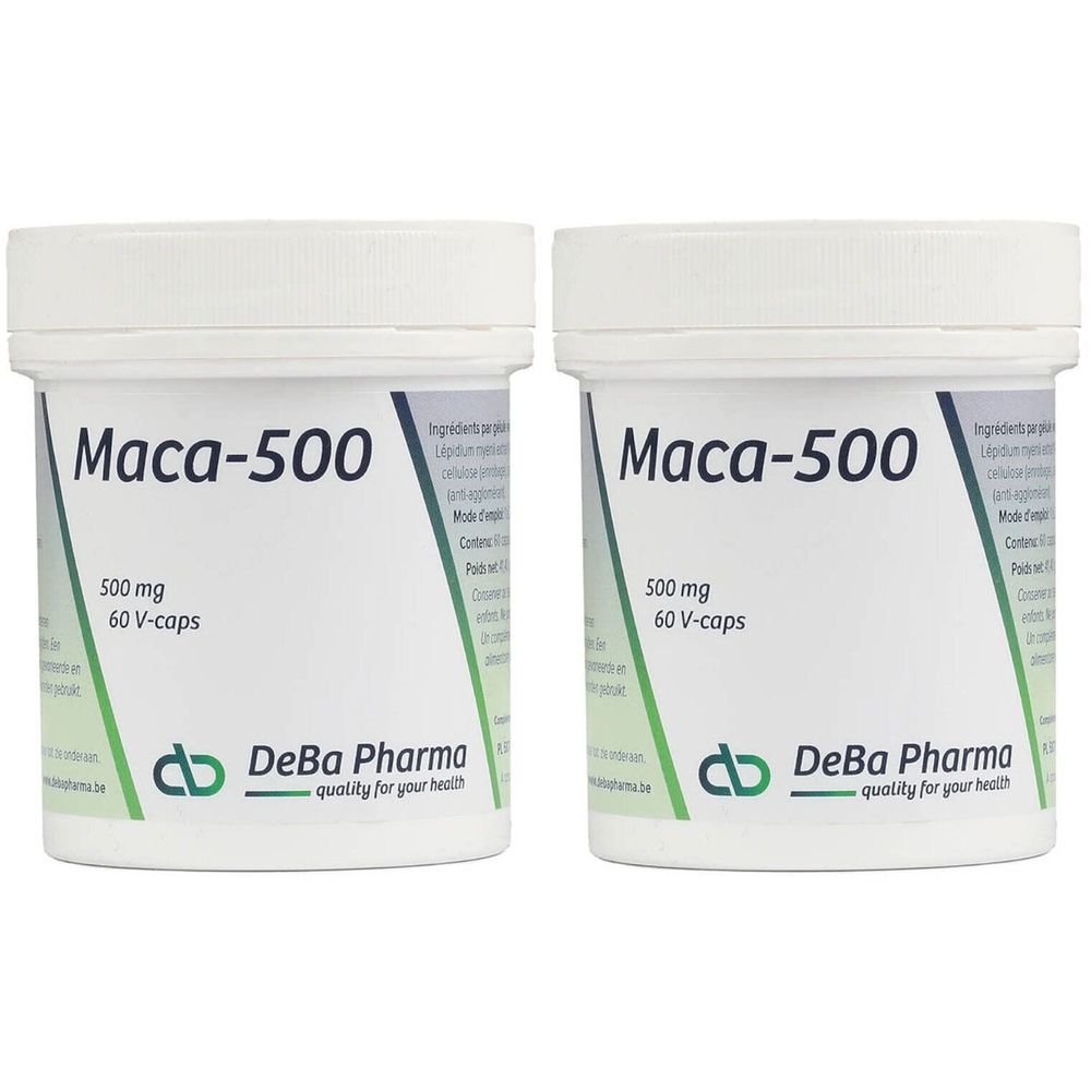 Twee witte potten met de tekst "Maca-500", "500 mg", "60 V-caps" en het logo van DeBa Pharma. Kwaliteit voor uw gezondheid.