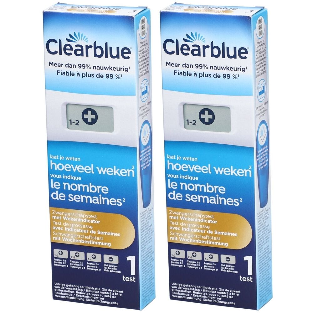 Deux boîtes de test de grossesse Clearblue avec indicateur de conception. Emballage bleu et blanc avec écran.