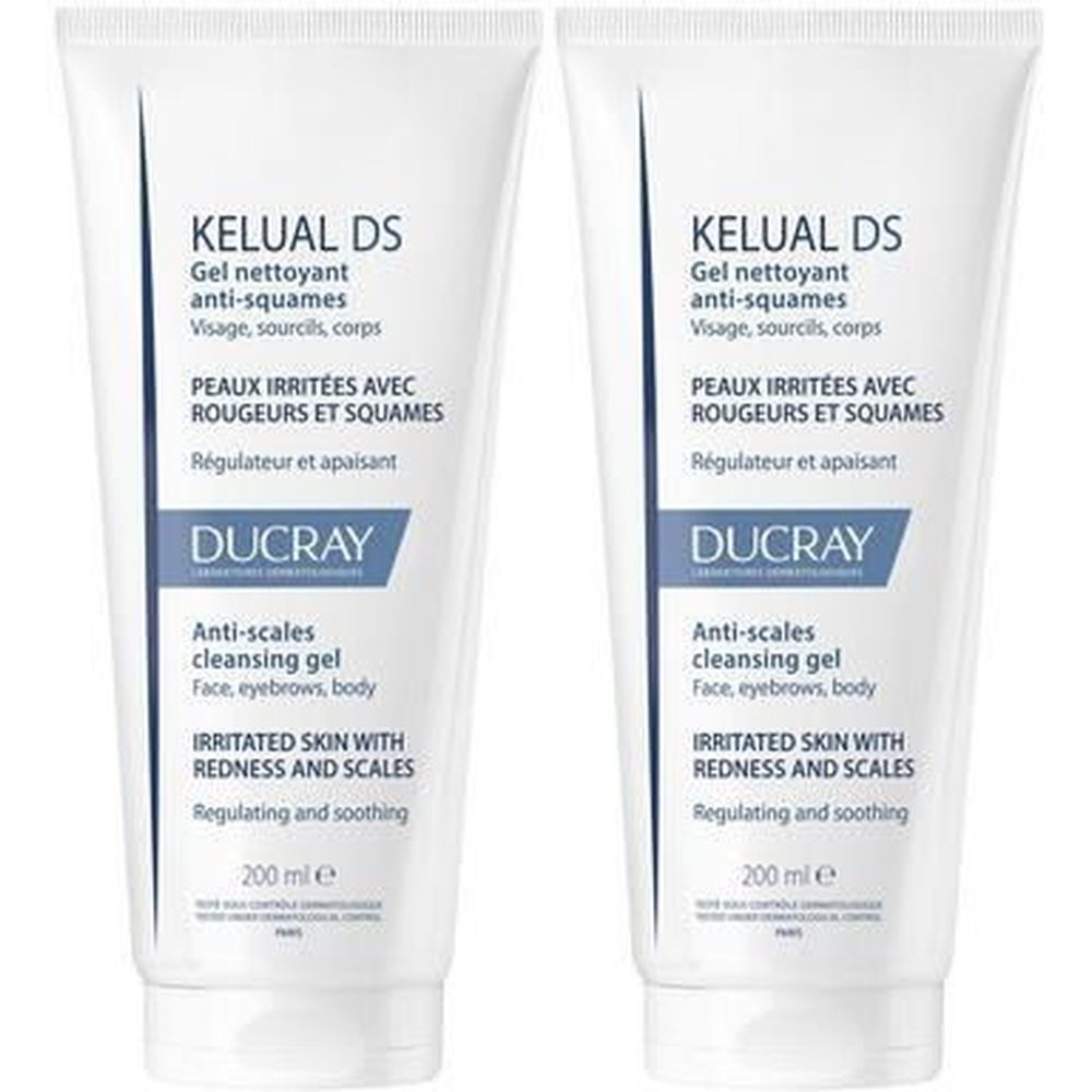 Deux tubes de gel. Inscription: KELUAL DS, Gel nettoyant anti-squames, Ducray. Pour peaux irritées avec rougeurs et squames.