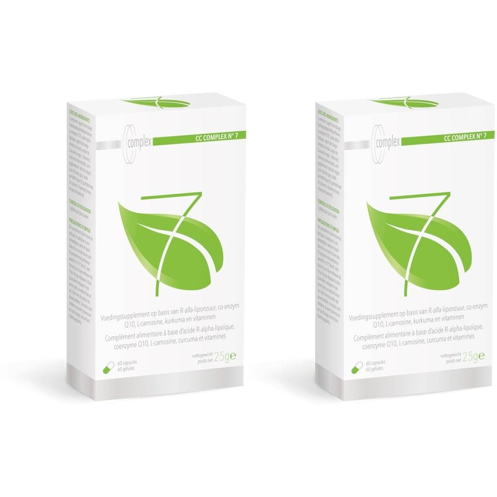 Deux boîtes blanches avec des feuilles vertes et l'inscription CC Complex N°7. Texte en plusieurs langues.