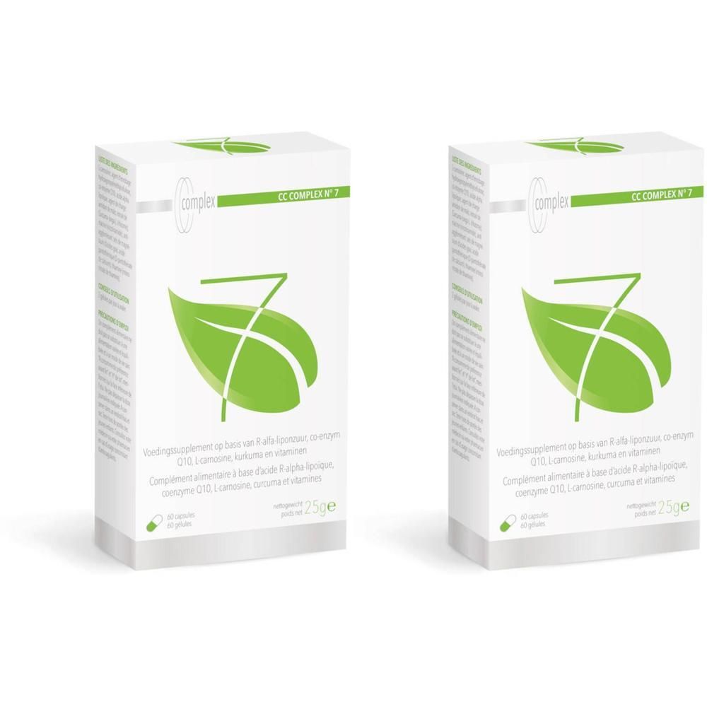 Twee witte dozen met groen bladlogo en tekst. Opschrift: CC Complex n° 7. Bevat voedingssupplementen.