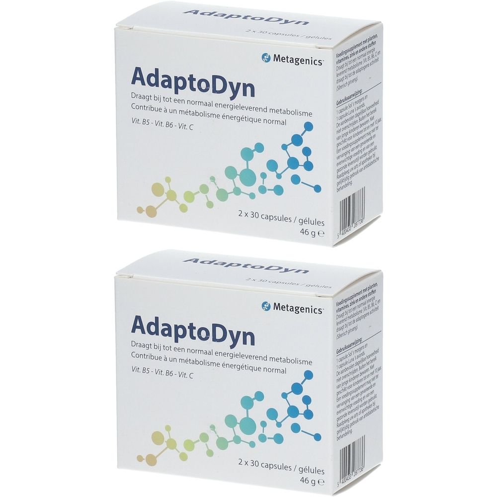 Twee dozen AdaptoDyn. Opschrift: Metagenics, AdaptoDyn, 2x30 capsules, 46 g. Bevat vitaminen B5, B6, C.