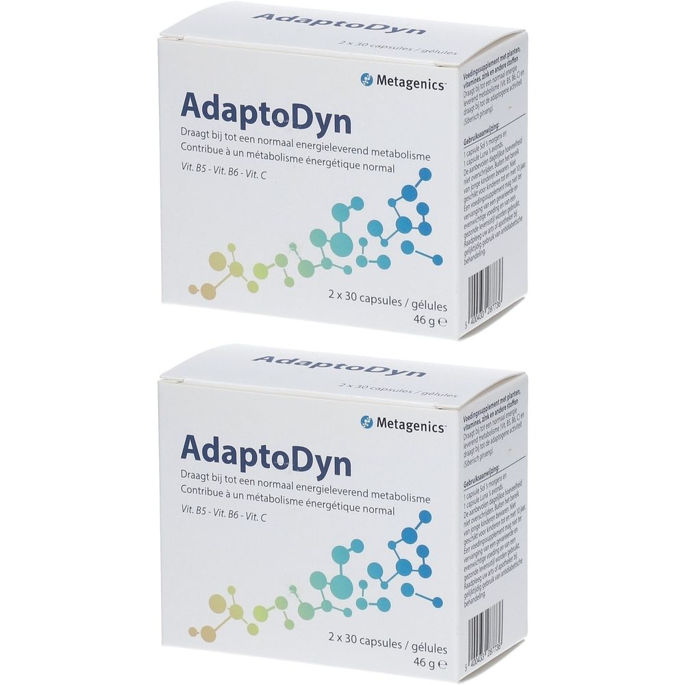 Twee dozen Metagenics AdaptoDyn. Witte verpakking met productnaam en grafische elementen. Bevat capsules.