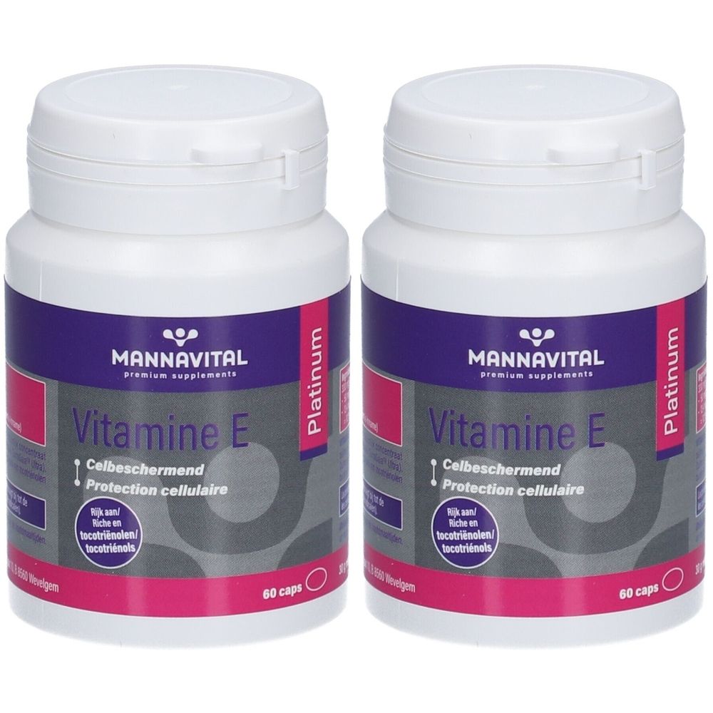 Twee witte flessen met paarse en roze etiketten. De etiketten tonen "Mannavital Vitamine E Platinum".